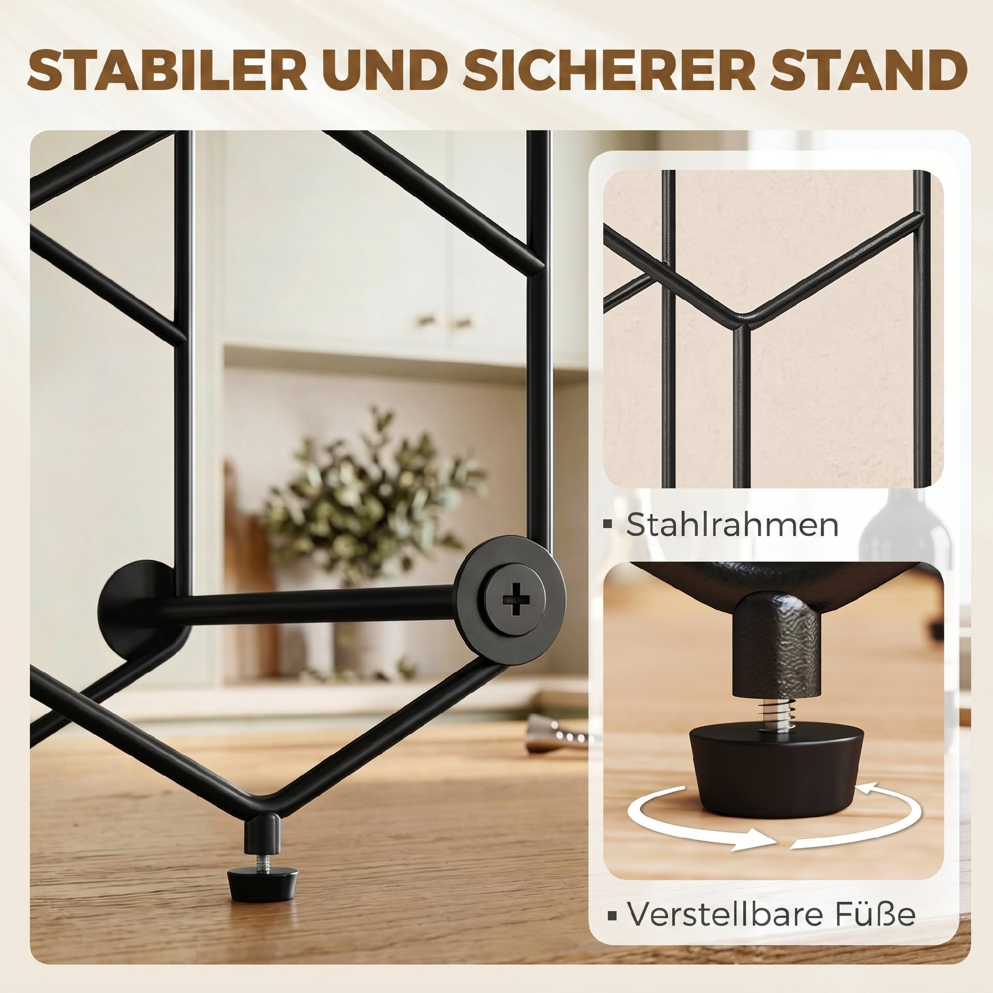 Weinregal für 13 Flaschen Flaschenregal mit Wabendesign Verstellbaren Füßen Kippschutz Metall 43 x 15,5 x 31 cm Schwarz