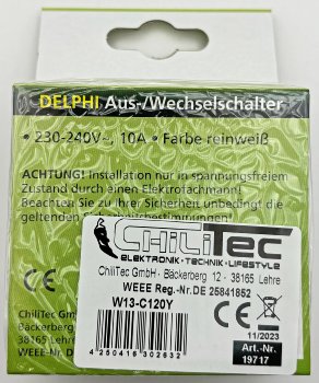 DELPHI Wechsel-Schalter, 250V~/ 10A, inkl. Rahmen, UP, weiß