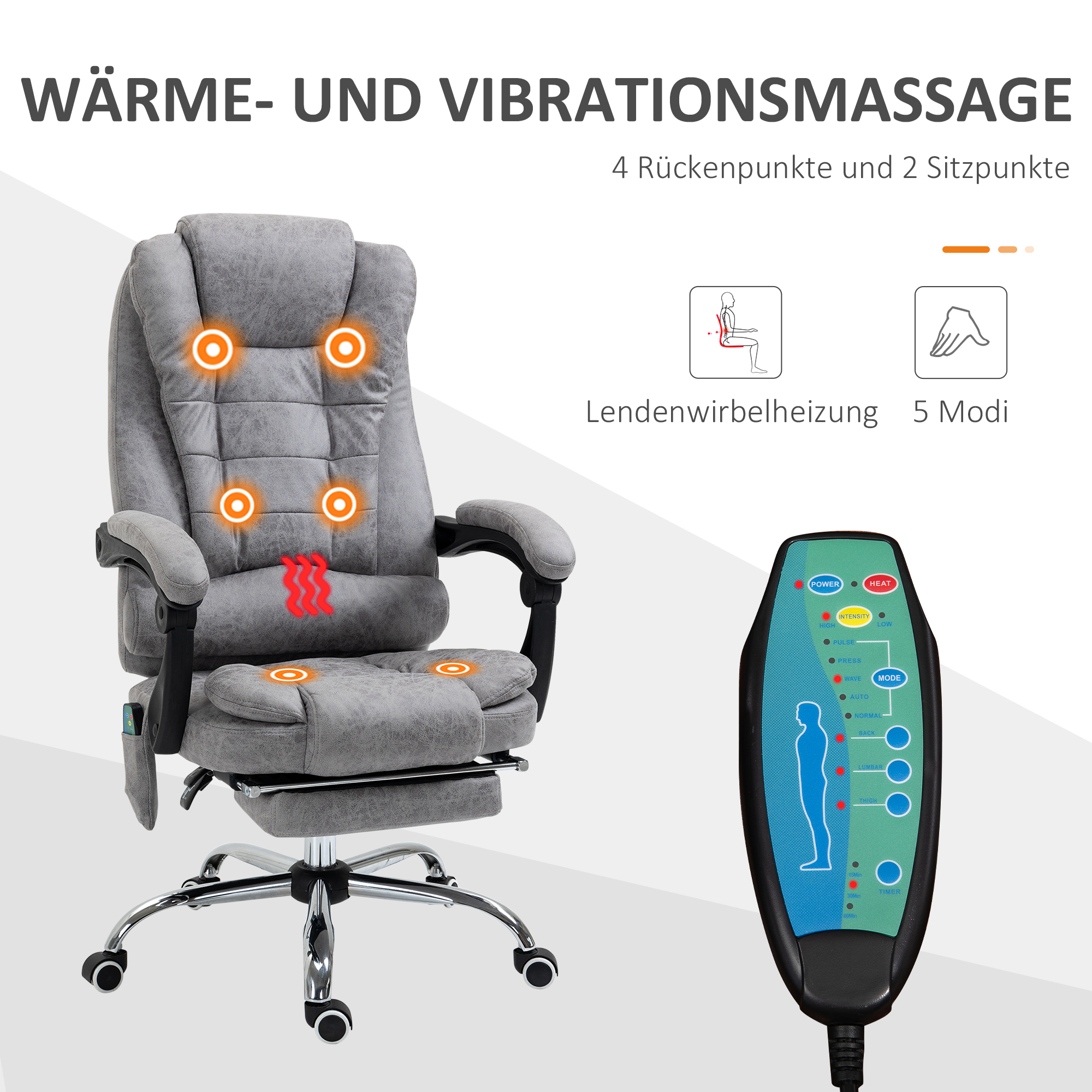 Bürostuhl mit Massagefunktion, Ergonomischer Schreibtischstuhl mit Liege- & Wärmefunktion, Fernbedienung, Grau