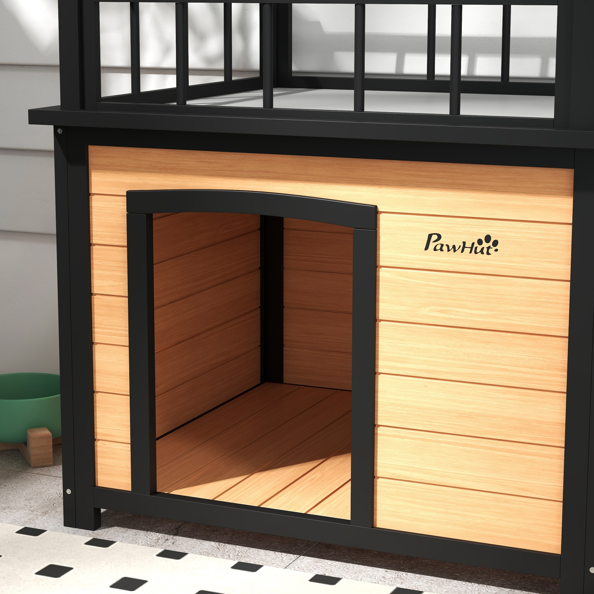 Hundehütte mit Dachterrasse, wetterfest, Holz, 121x77x78cm, Schwarz/Gelb