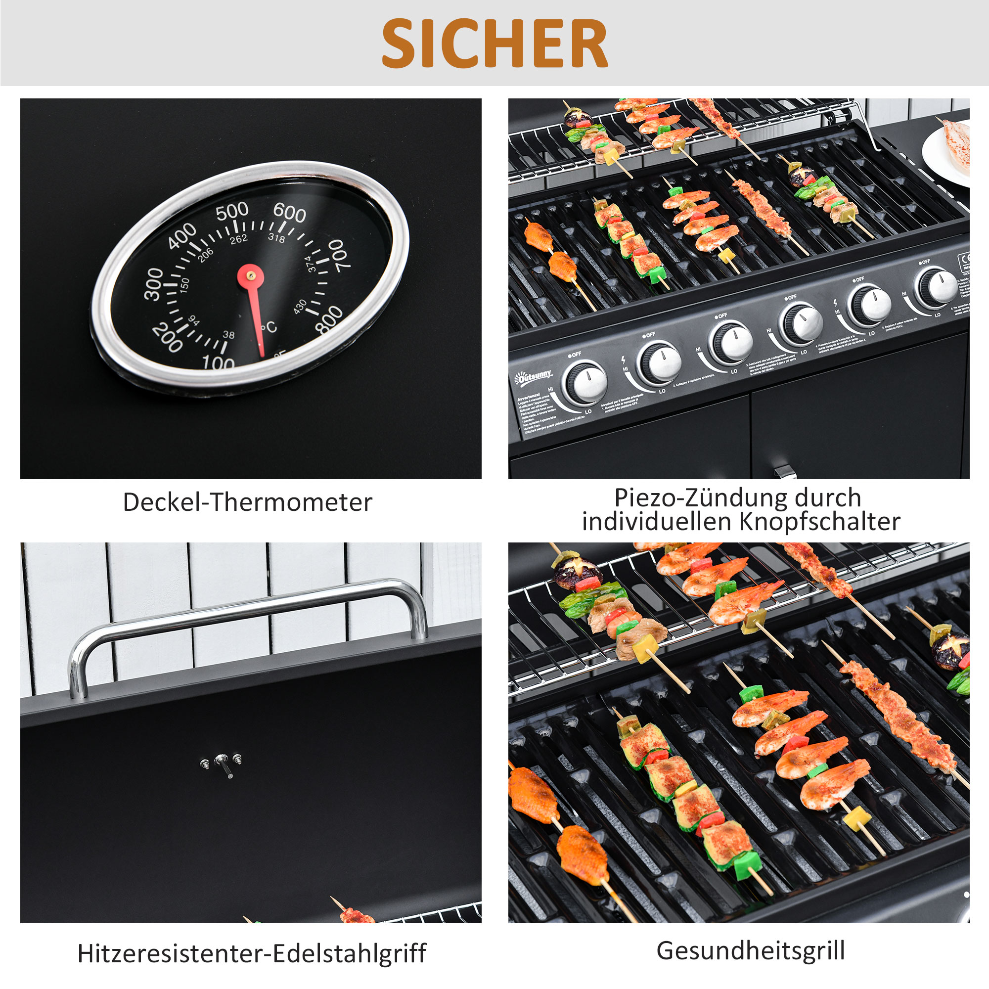 Gasgrill mit 7 Brennern, inkl. Thermometer,  BBQ -Grill, mobiler Grill, Schwarz