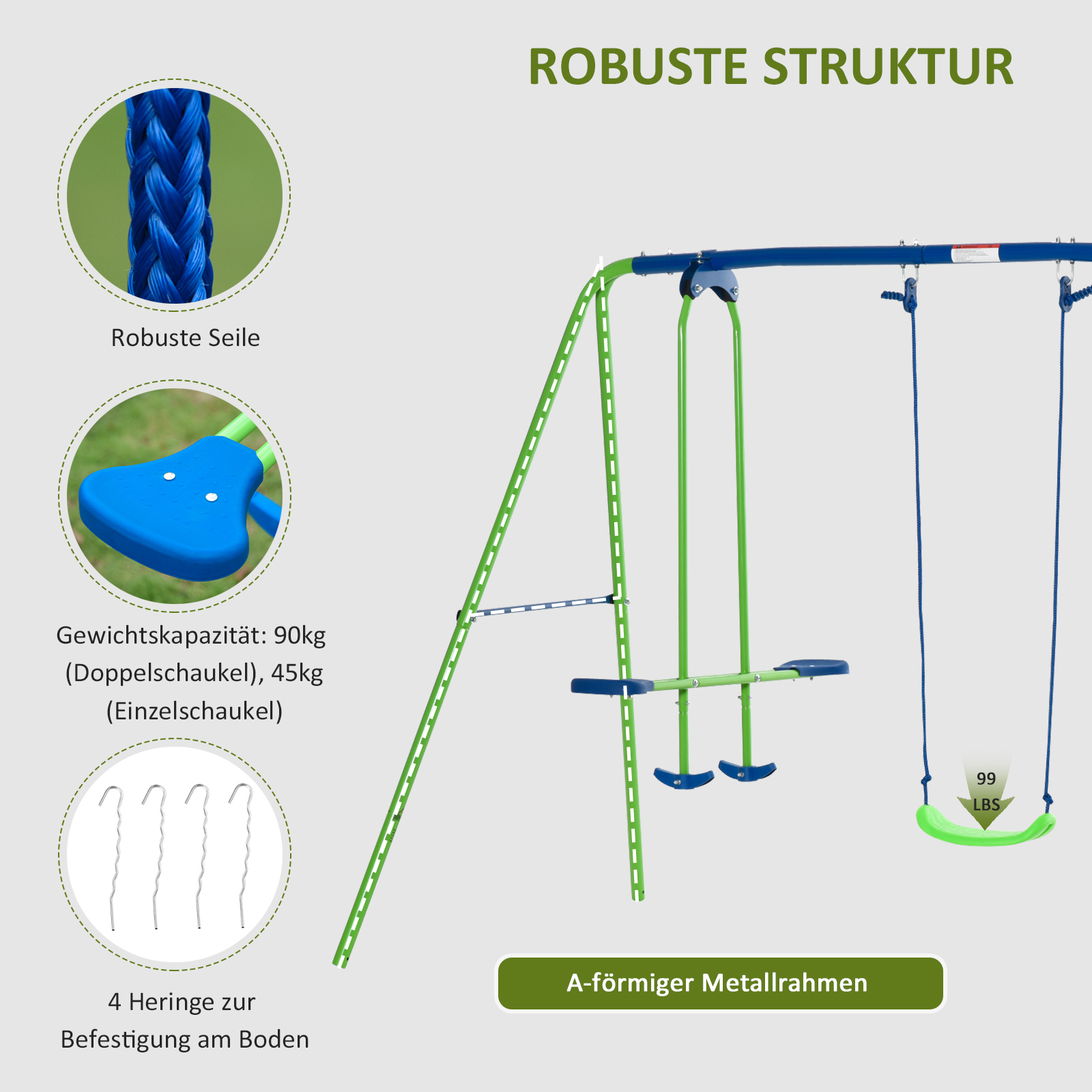Schaukelgestell, Outdoor-Schaukelgerüst mit 2 Schaukeln, Wippe, Kinderschaukel mit Metallgestell, Grün