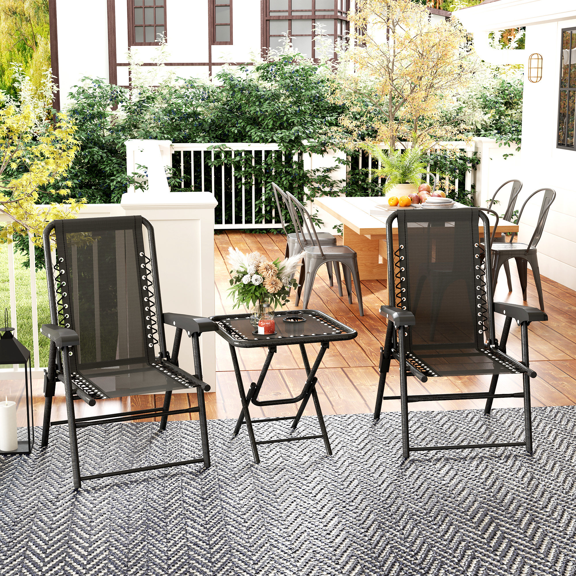 Bistro Set 3-teilig aus Stahl Wetterfest Gartenmöbel Set mit klappbar Bistrotisch Becherhalter Gartenstühlen Schwarz