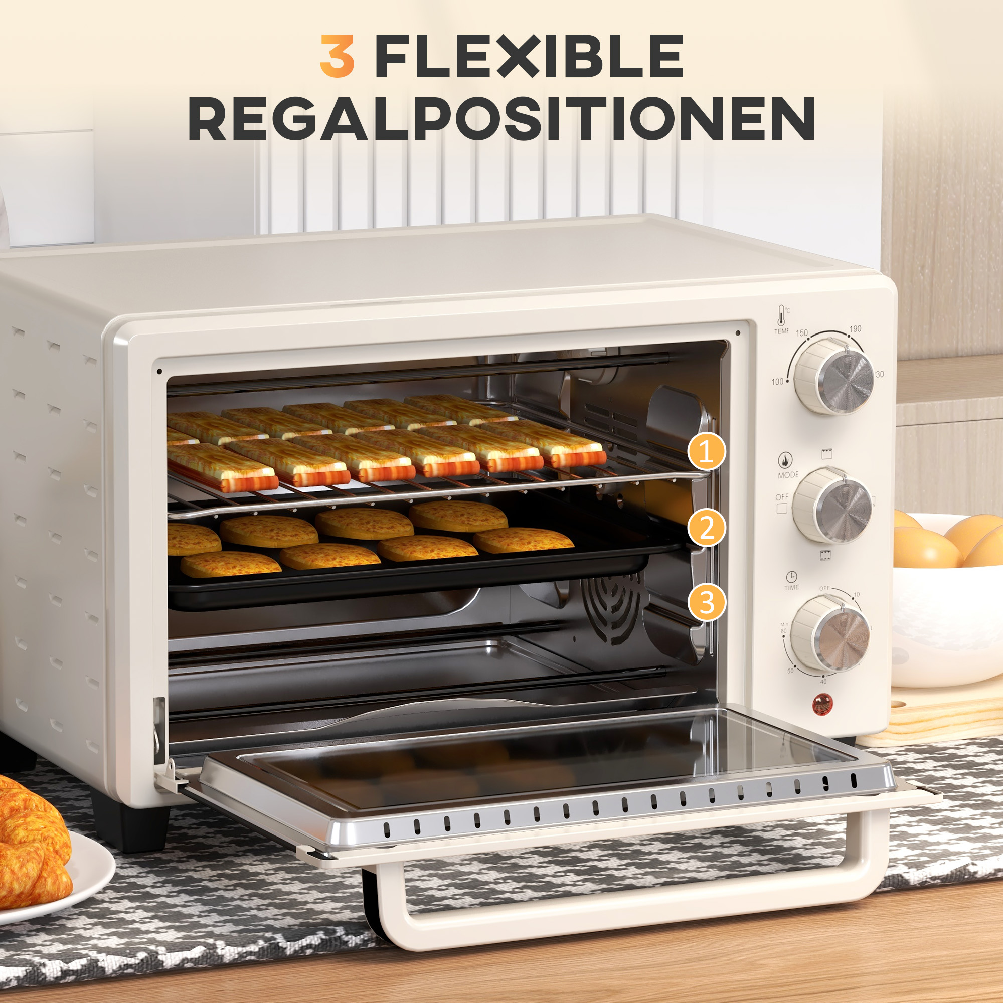 Minibackofen, Backofen kleine 21 L Toasterofen mit 1 Drahtgestell und 1 Backblech, 3 Kochmodi, 100 °C-230 °C, Edelstahl, Glas, Cremeweiß