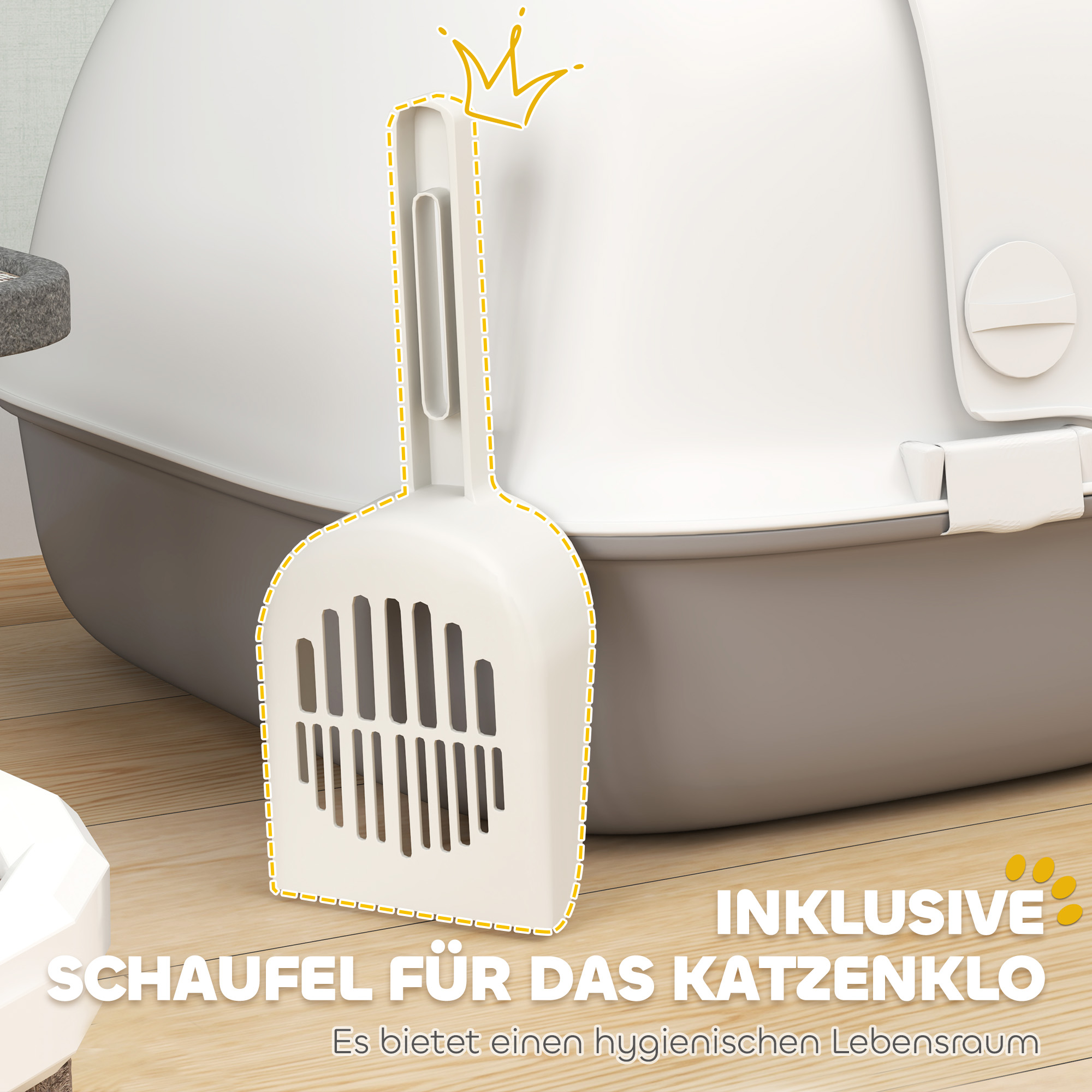 Katzentoilette mit Deckel, Katzenklo mit internem Kanal, Tür, Schaufel, leicht zu reinigen, Kunststoff, Hellgrau