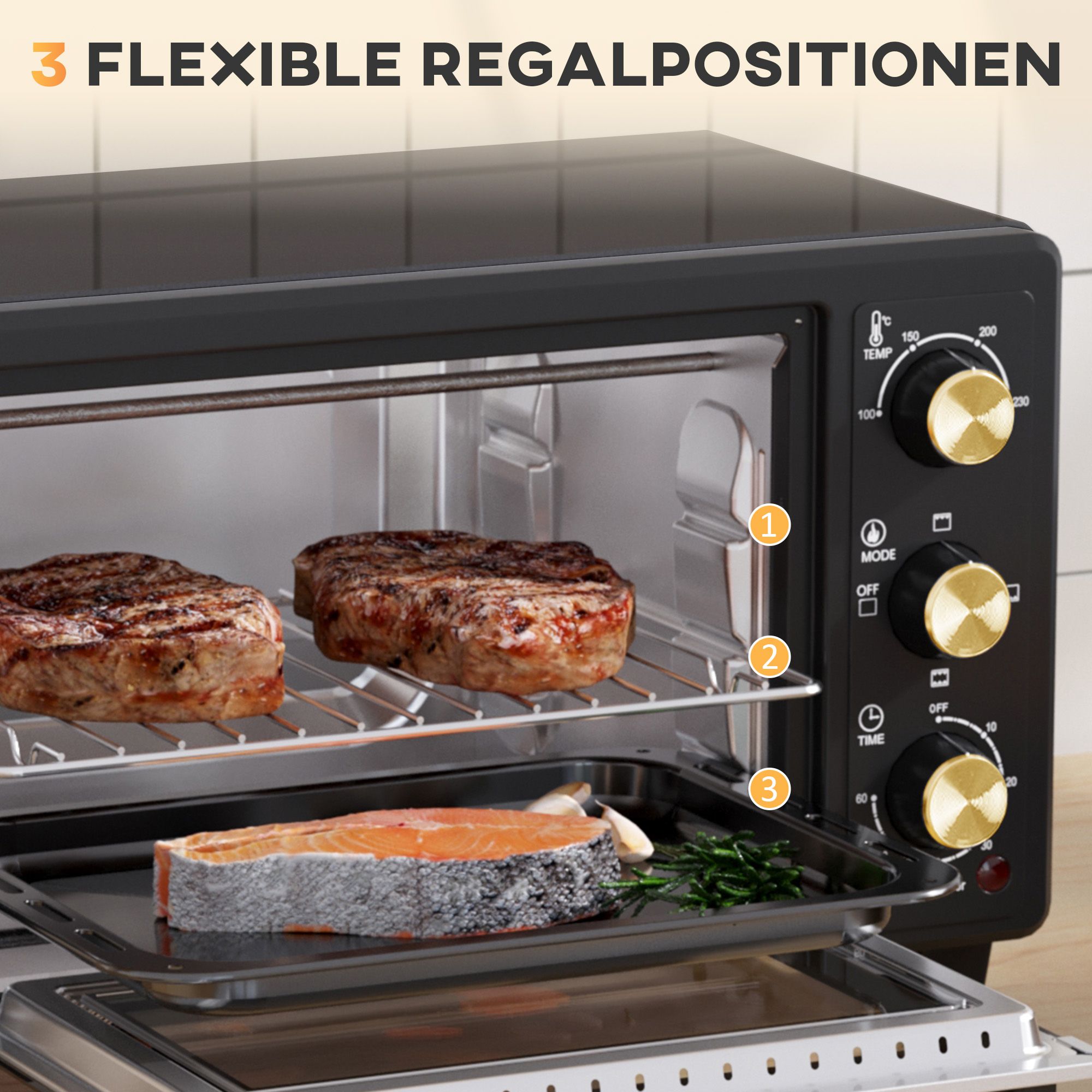 Mini-Ofen, Toasterofen, Timer, Gitterrost, Backblech, Glasfenster, Metall, Schwarz