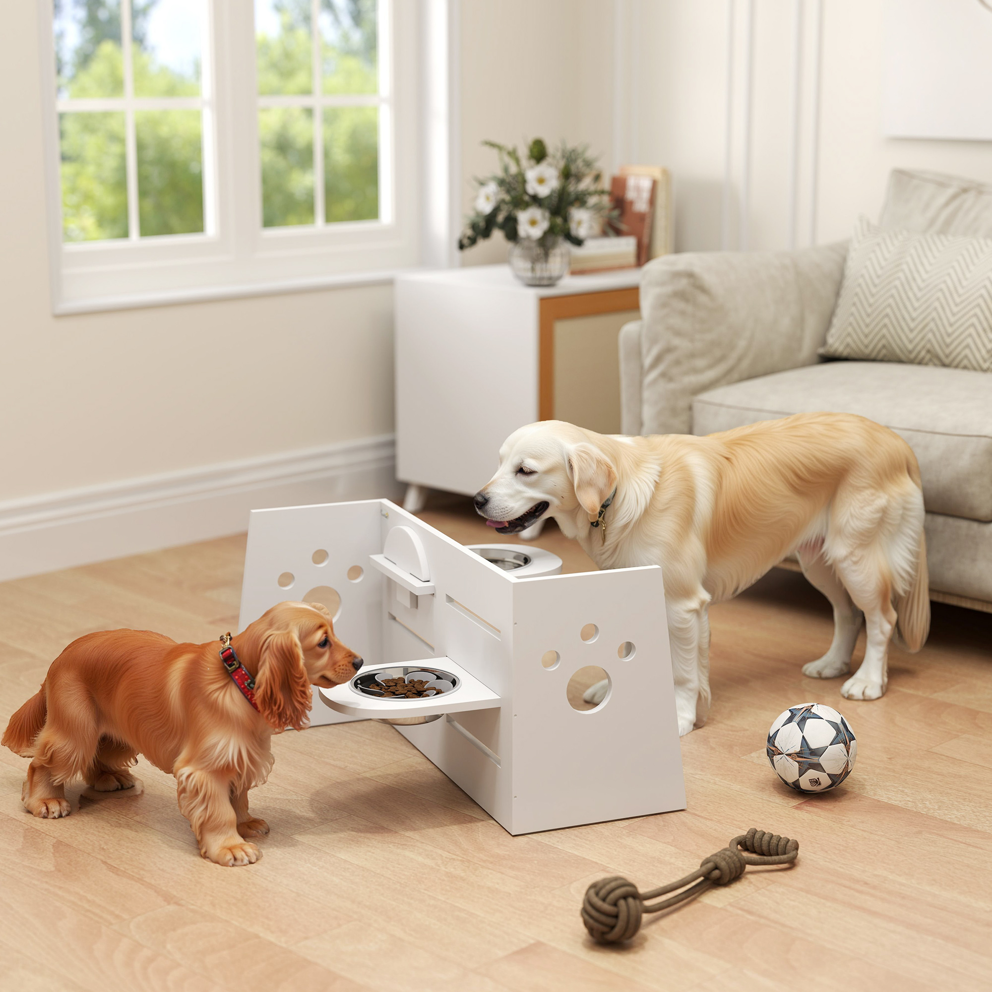 Hundefutternapf-Gestell, verstellbare Futternäpfe mit separatem Design, 2 Edelstahlschüsseln, Anti-Schling-Matte, Weiß