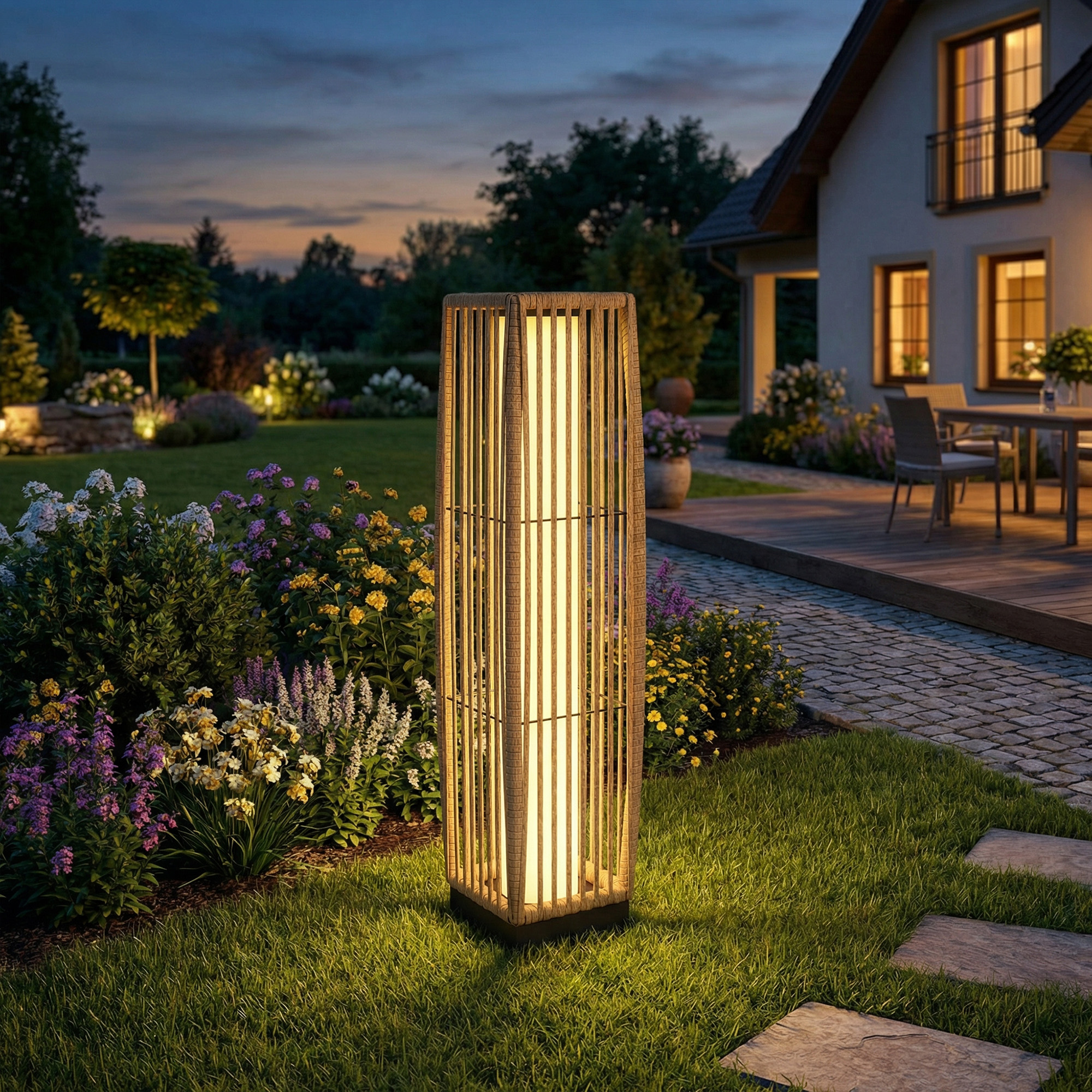 Solar Stehlampe Rattan Solarlampen mit Lichtsensor Automatische LED Solarleuchte im Boho-Stil IP44