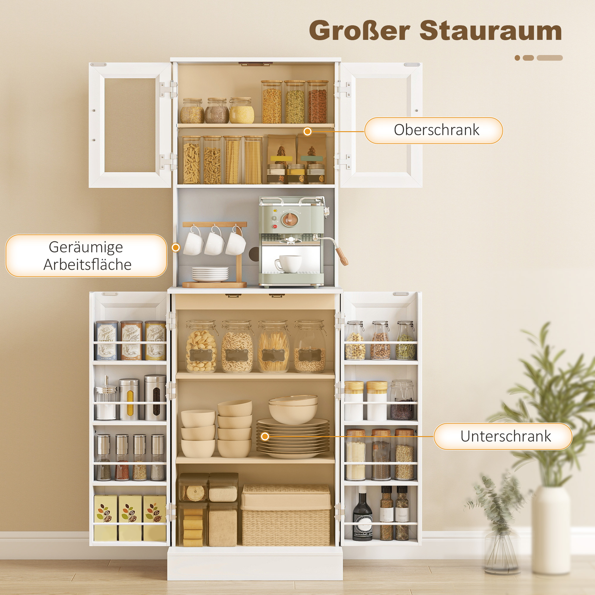 Küchenschrank, verstellbares Regal, Arbeitsplatte, Acryltüren, Kabelloch, für Wohnzimmer, Küche, Esszimmer, MDF, Weiß