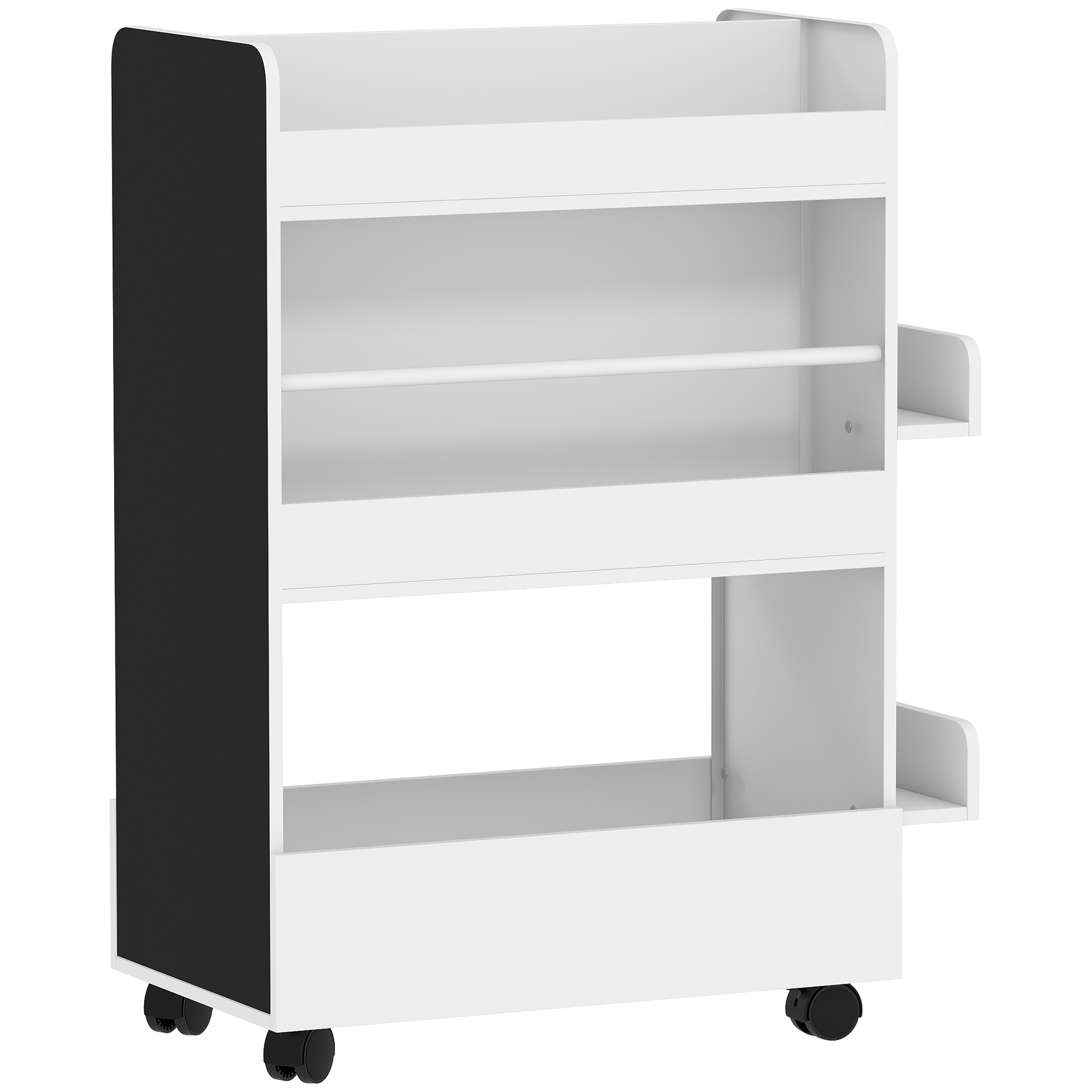 Kinder Bücherregal mit 4 Regalen, Bodenfach, 2 Seitenteile, Tafel, Rollen, für 3-8 Jahre, 66,5x32,5x86,5 cm Weiß