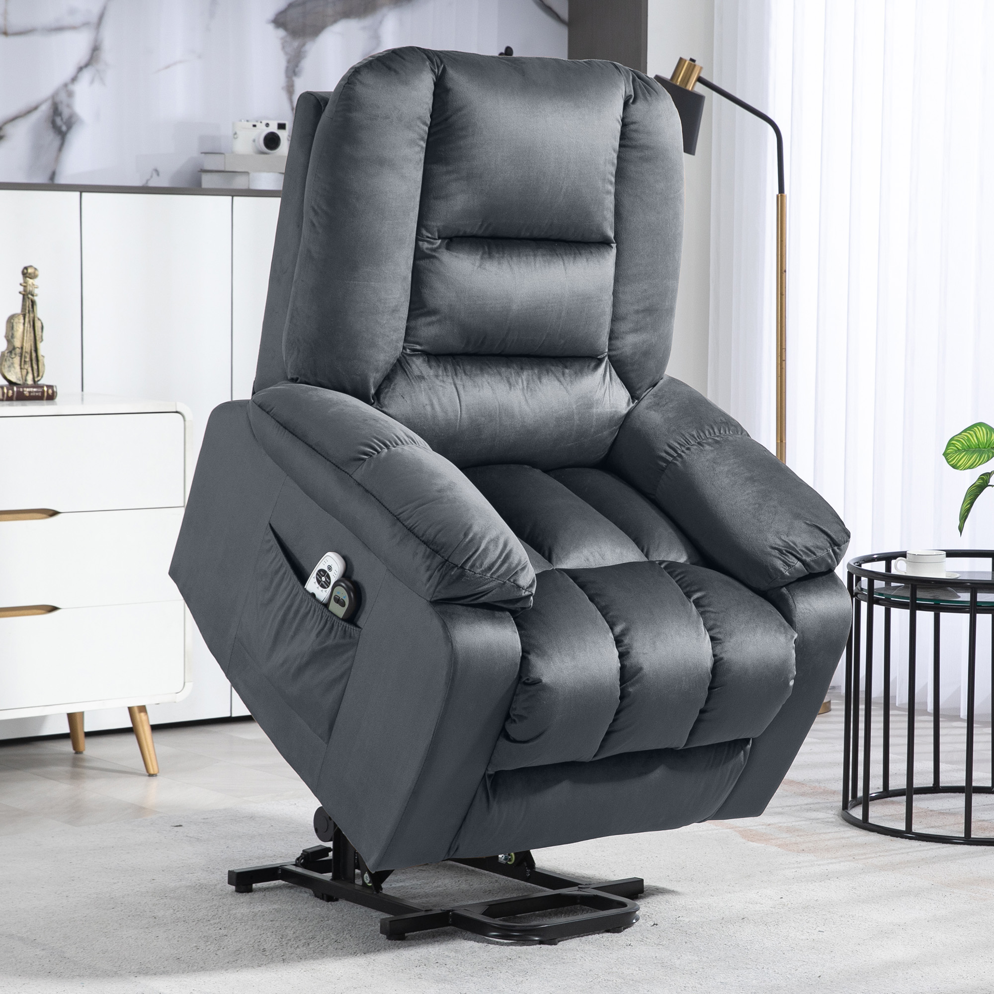 Massagesessel Aufstehhilfe Seniorensessel Relaxsessel, 8 Massagepunkte, 2 Seitentaschen, 85 cm x 94 cm x 107cm, Grau