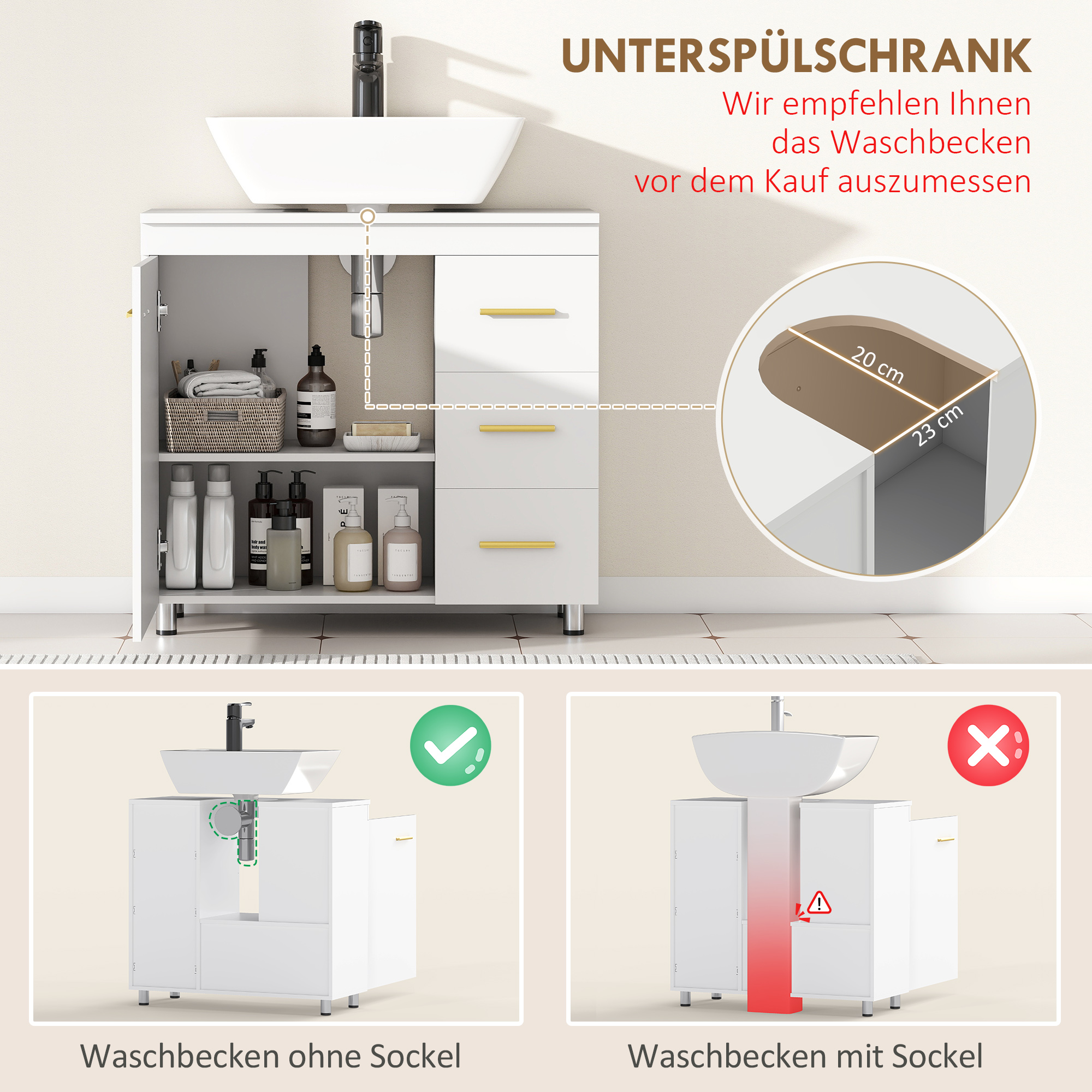 Badezimmer-Unterschrank, 3-stufiges Design, MDF, Spanplatte, Weiß