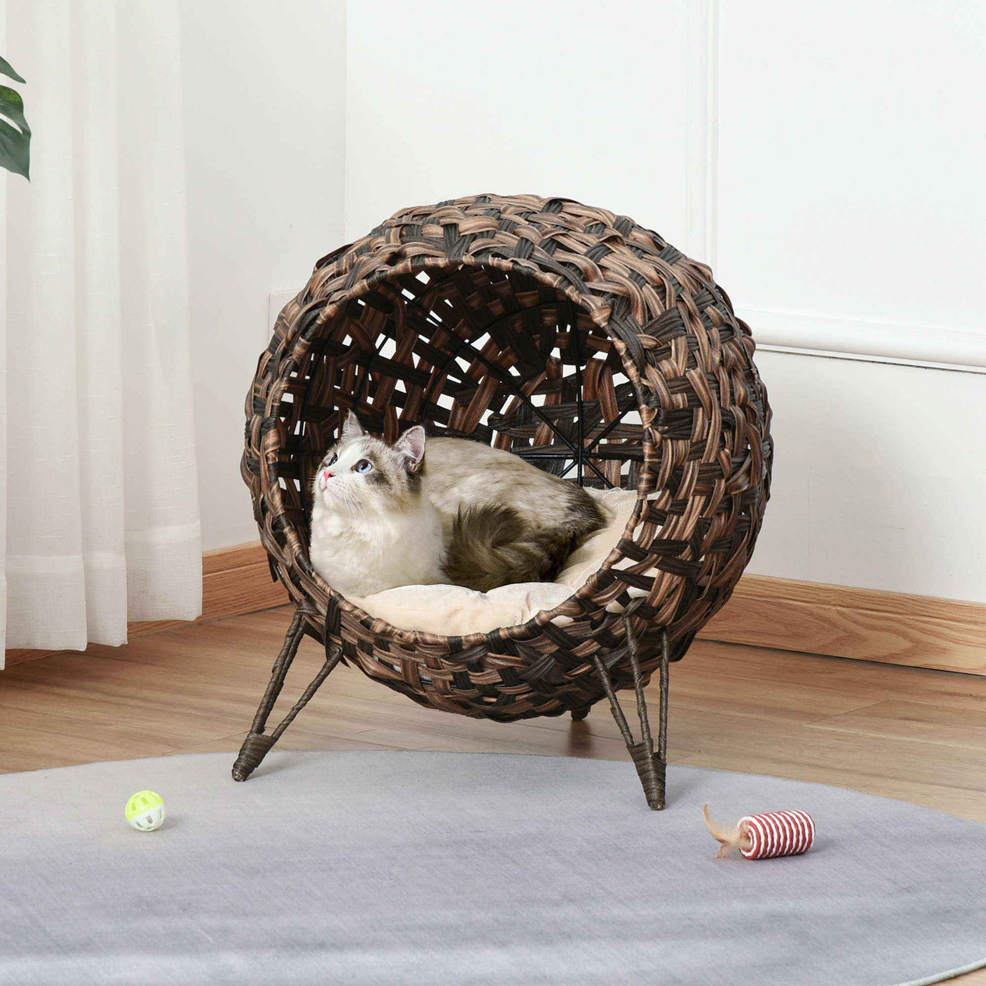 Katzenhaus aus Rattan mit Kissen Katzenschlafplatz Katzenhöhle mit erhöhten Füßen Braun Ø52 x 58 cm