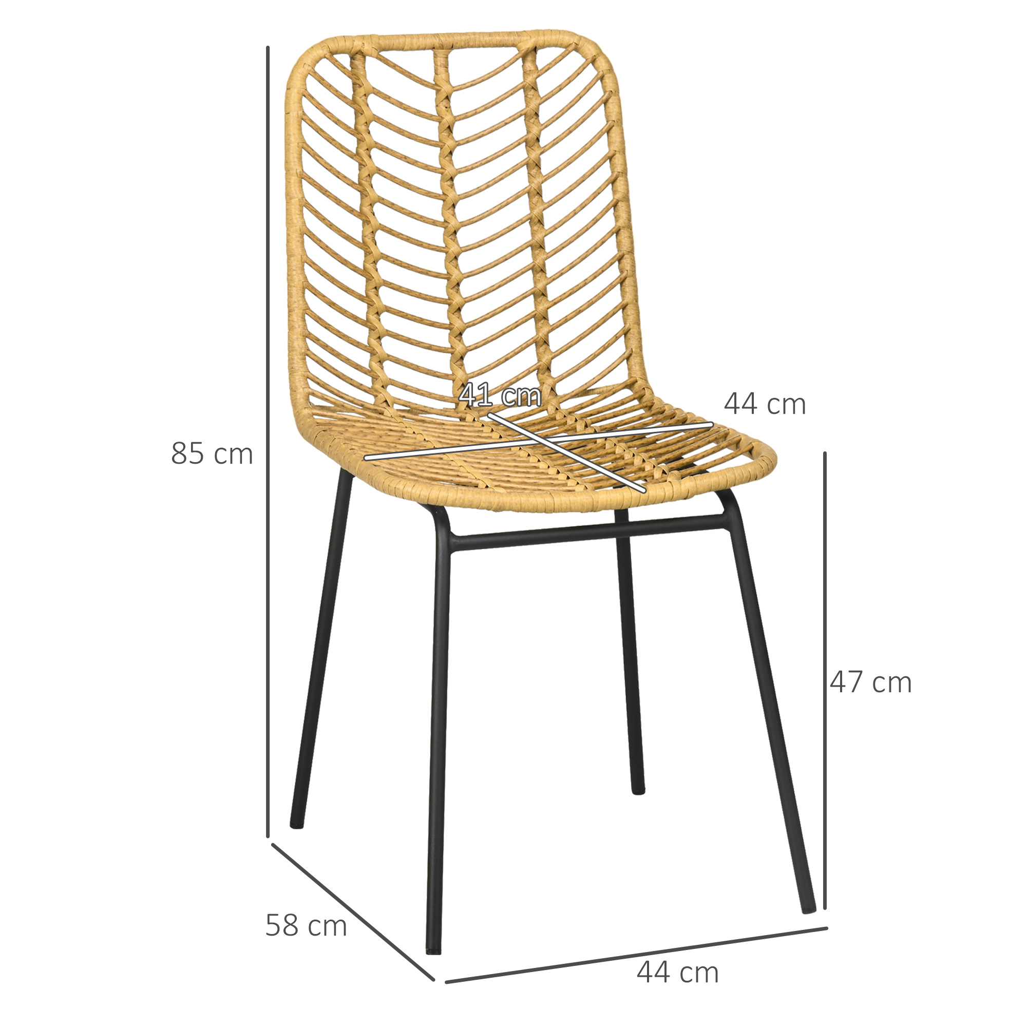 2er-Set Esszimmerstühle im Boho-Stil, Akzentstuhl, PE-Rattan, 44 cm x 58 cm x 85 cm, Natur + Gelb