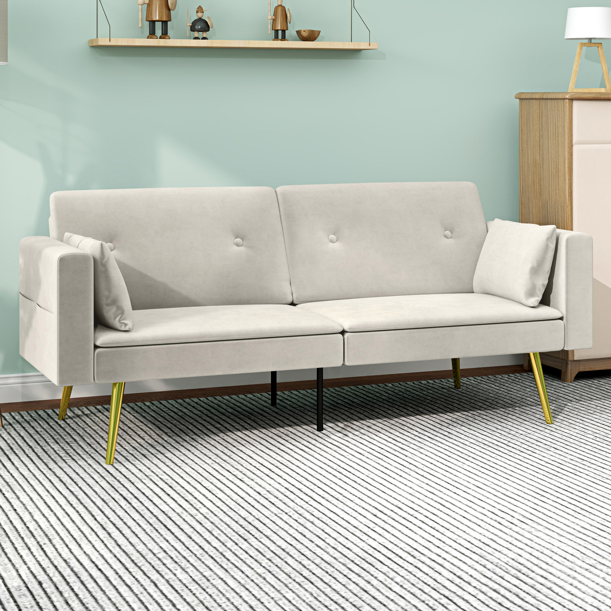 2-Sitzer Bettsofa, Verstellbare Rückenlehne, weiche Kissen, samtartiger Bezug, für Wohnzimmer, Gästezimmer, Beige