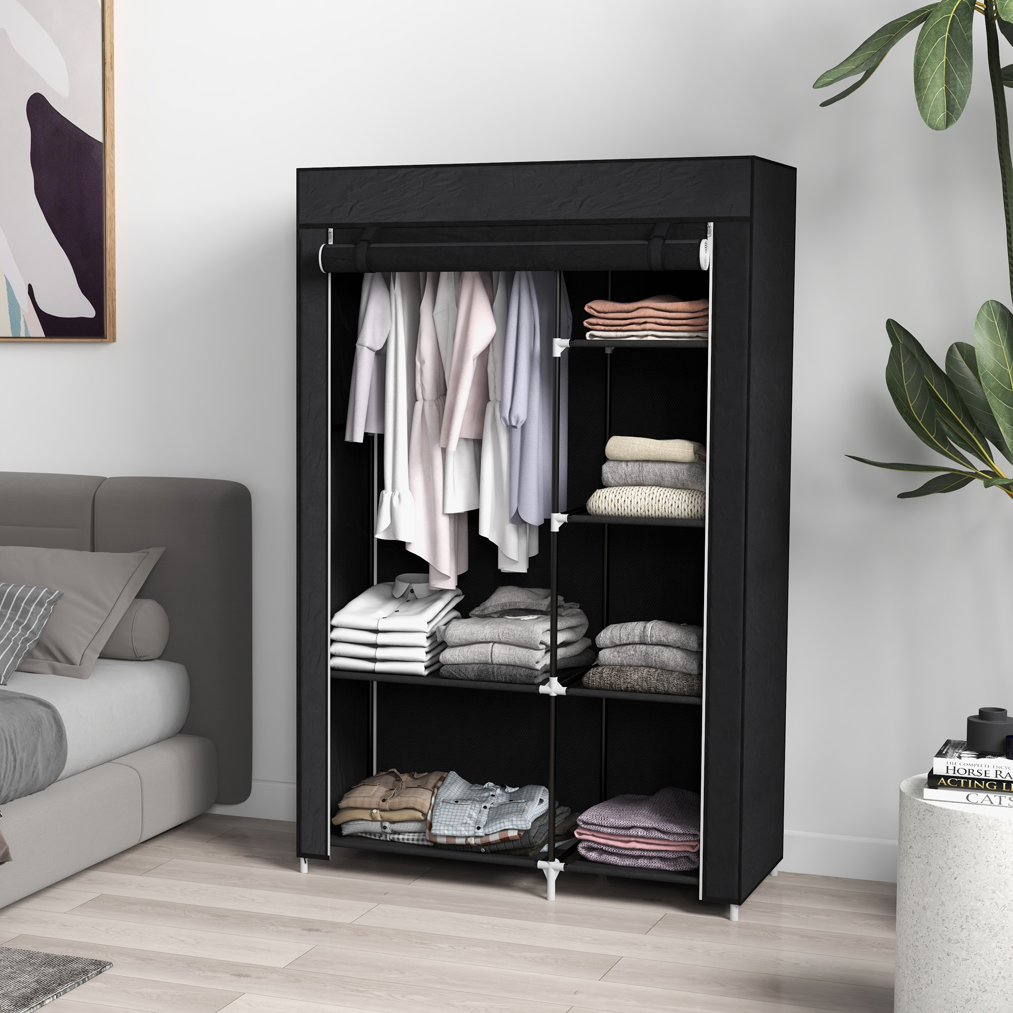 Schrank aus Stoff, Aufbewahrungslösung, 6 Regale, 1 Kleiderstange, Schwarz