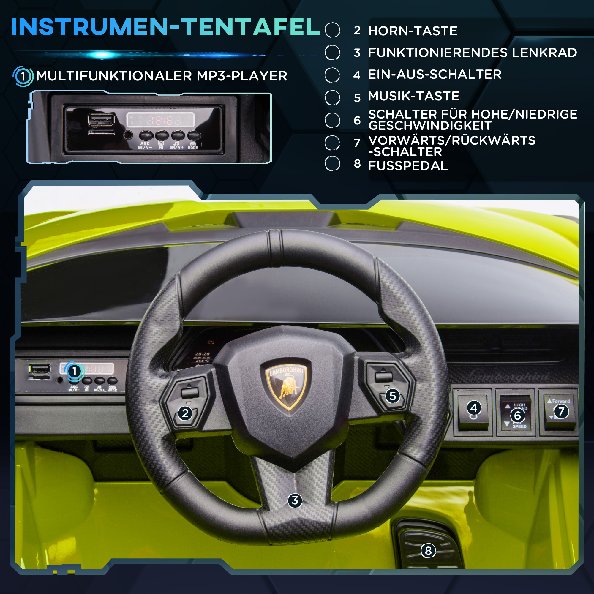 Kinder-Elektroauto, Lamborghini, 3-5 km/h, Fernsteuerung, für 3-5 Jahre, Grün