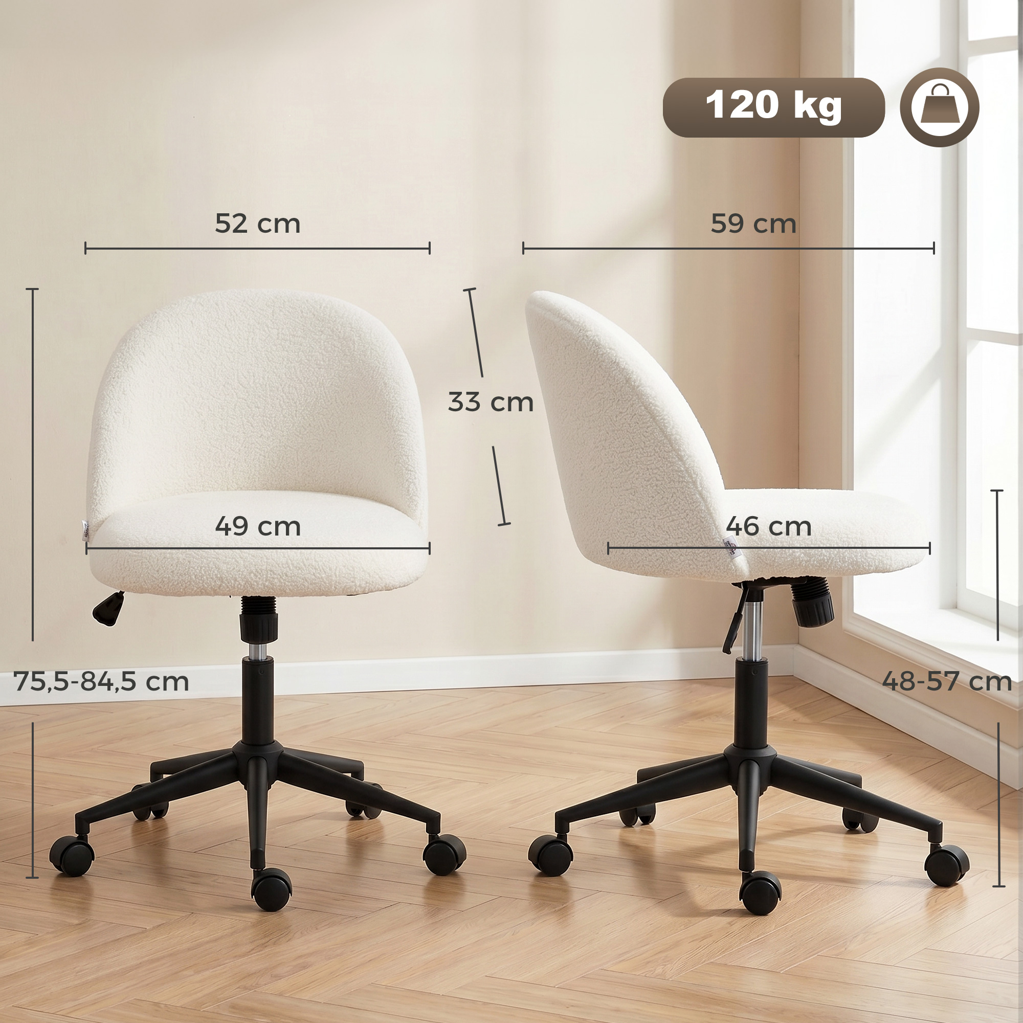 Drehbarer Bürostuhl aus Teddyfleece, höhenverstellbar, mit Rollen, Komfortschaum, Creme