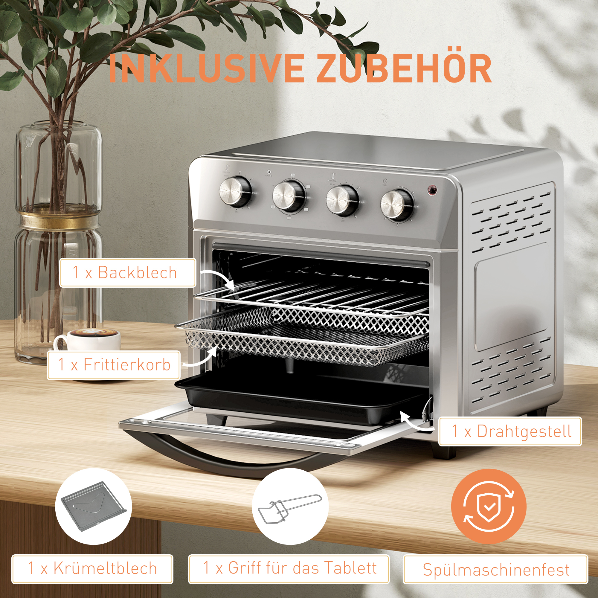 Minibackofen mit Umluft, Heißluftfritteuse, 6 Heizmodi, Timer, Zubehör, 24L, Silber