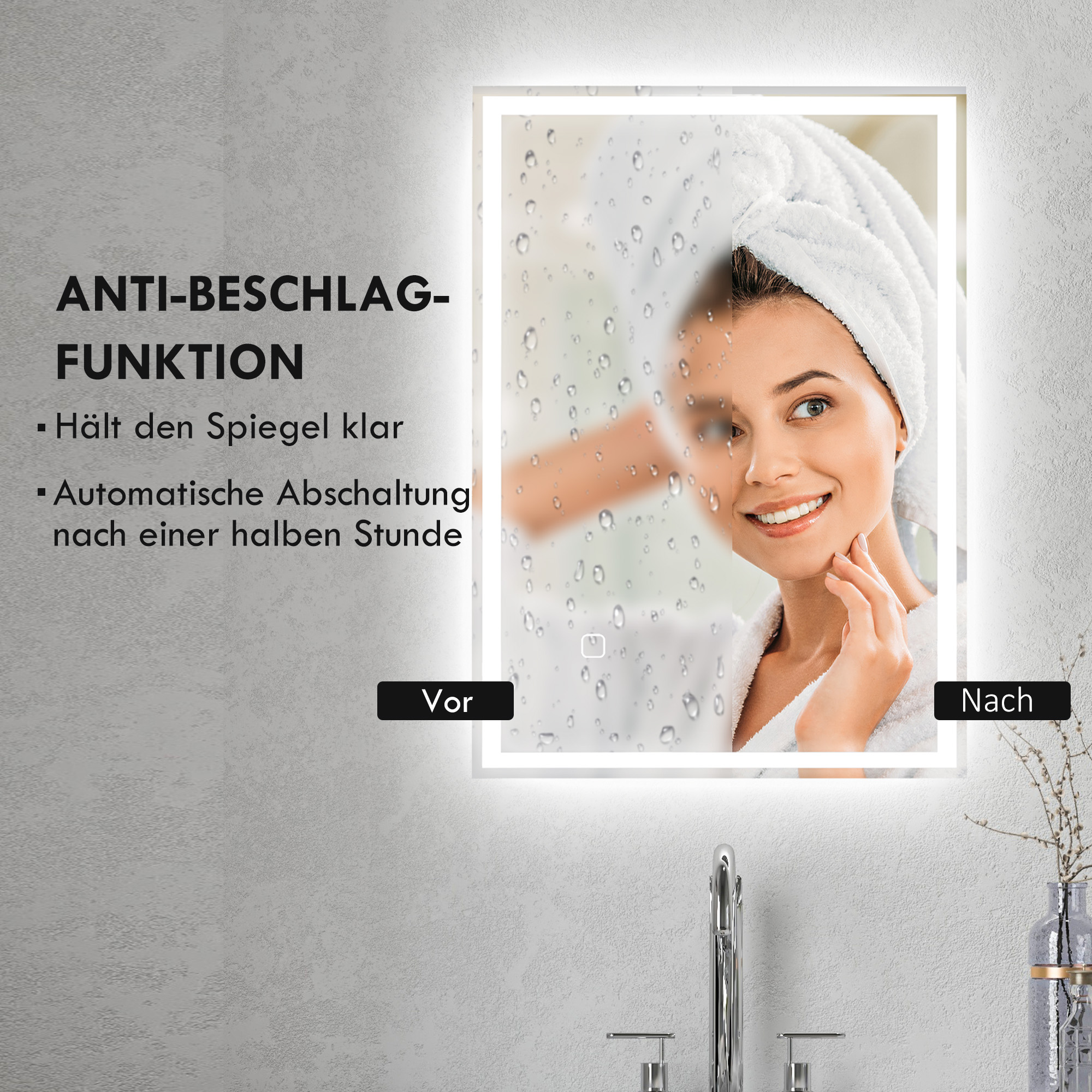 Badspiegel Badezimmerspiegel Wandspiegel LED´s, Berührungsschalter, Weiß