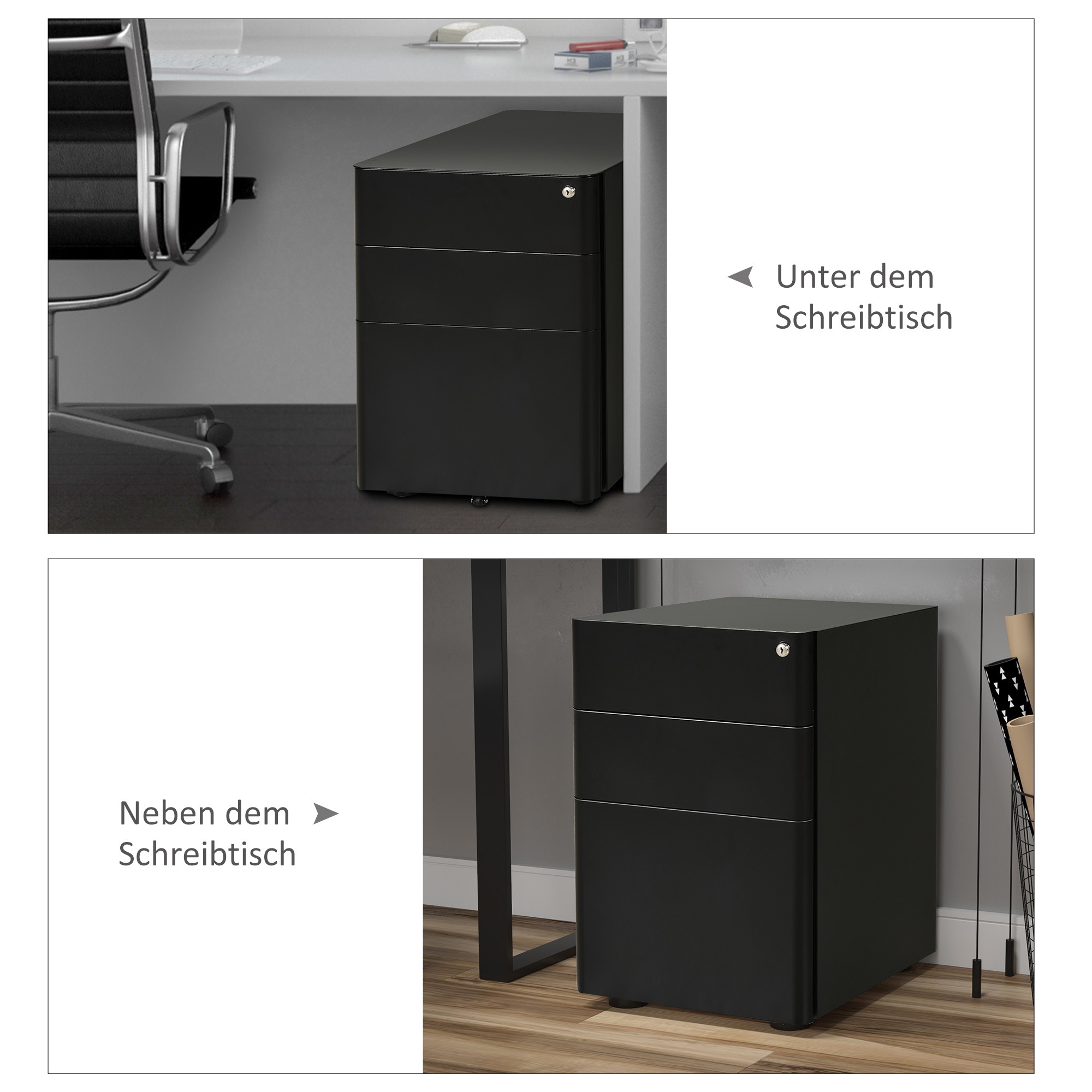 Rollcontainer, mobiler Aktenschrank mit 3 Schubladen, abschließbarer Büroschrank mit Hängeregistratur, Aufbewahrung, Stahl, 39 x 48 x 59 cm Schwarz