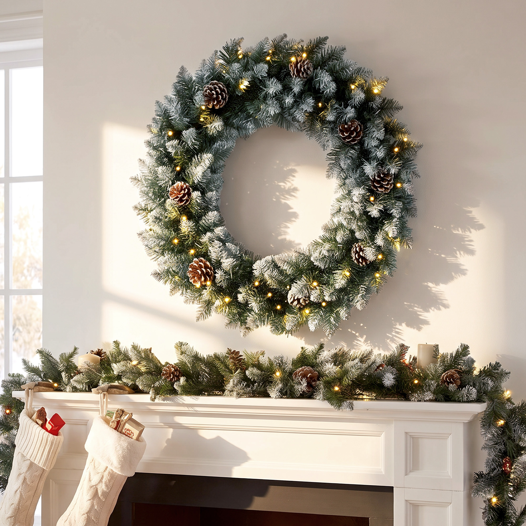 Weihnachtskranz 60 cm Beleuchtet Türkranz mit 50 LEDs Zapfen Kunstschnee für Weihnachten Advent Haustür