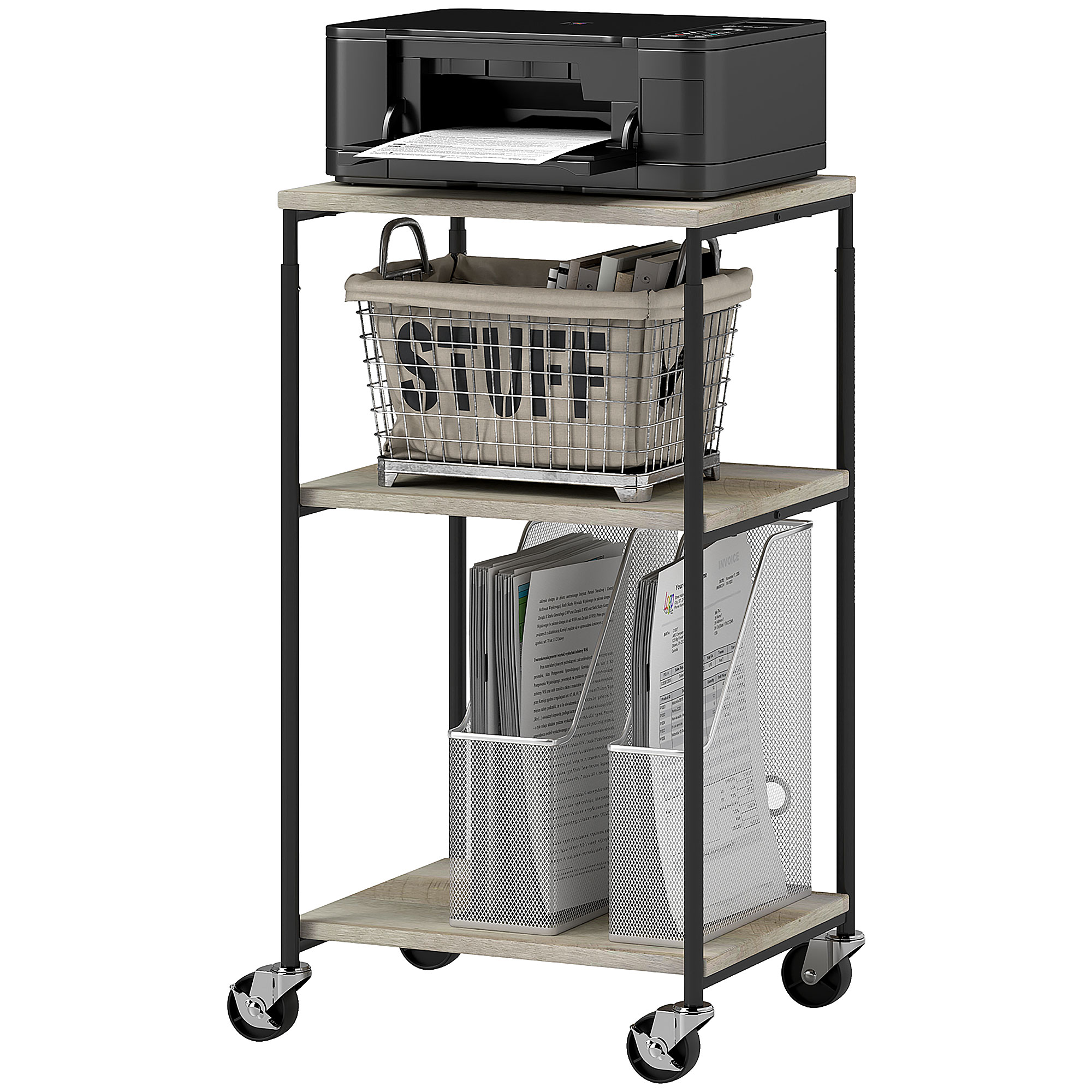 Druckerständer mit 3 Ebenen, höhenverstellbar, Mobiler Druckertisch auf Rollen, für Homeoffice, Metall und Holz