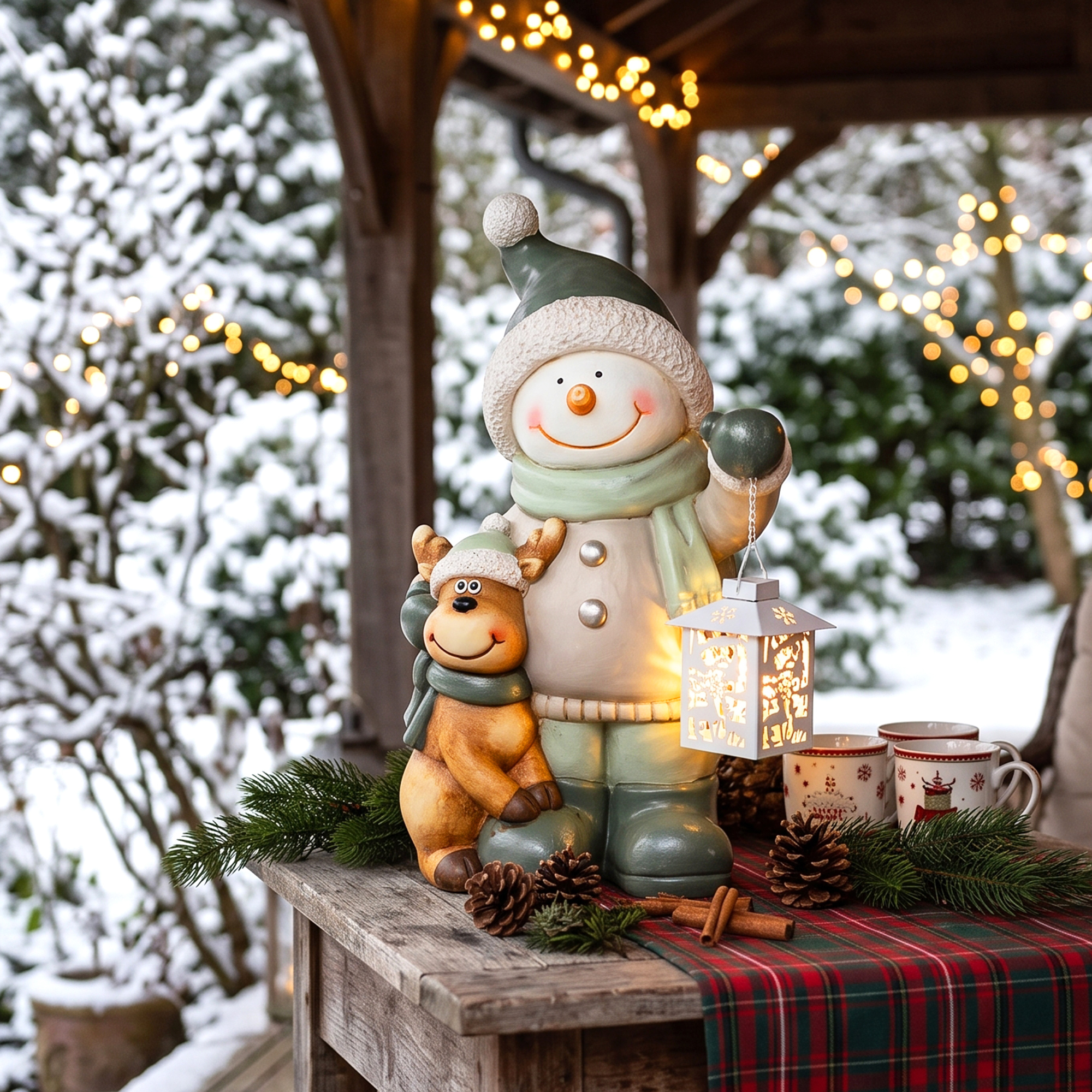 Schneemann-Figur 43 cm aus MGO mit LED-Laterne und Timer, für Eingangsbereich & Türbereich