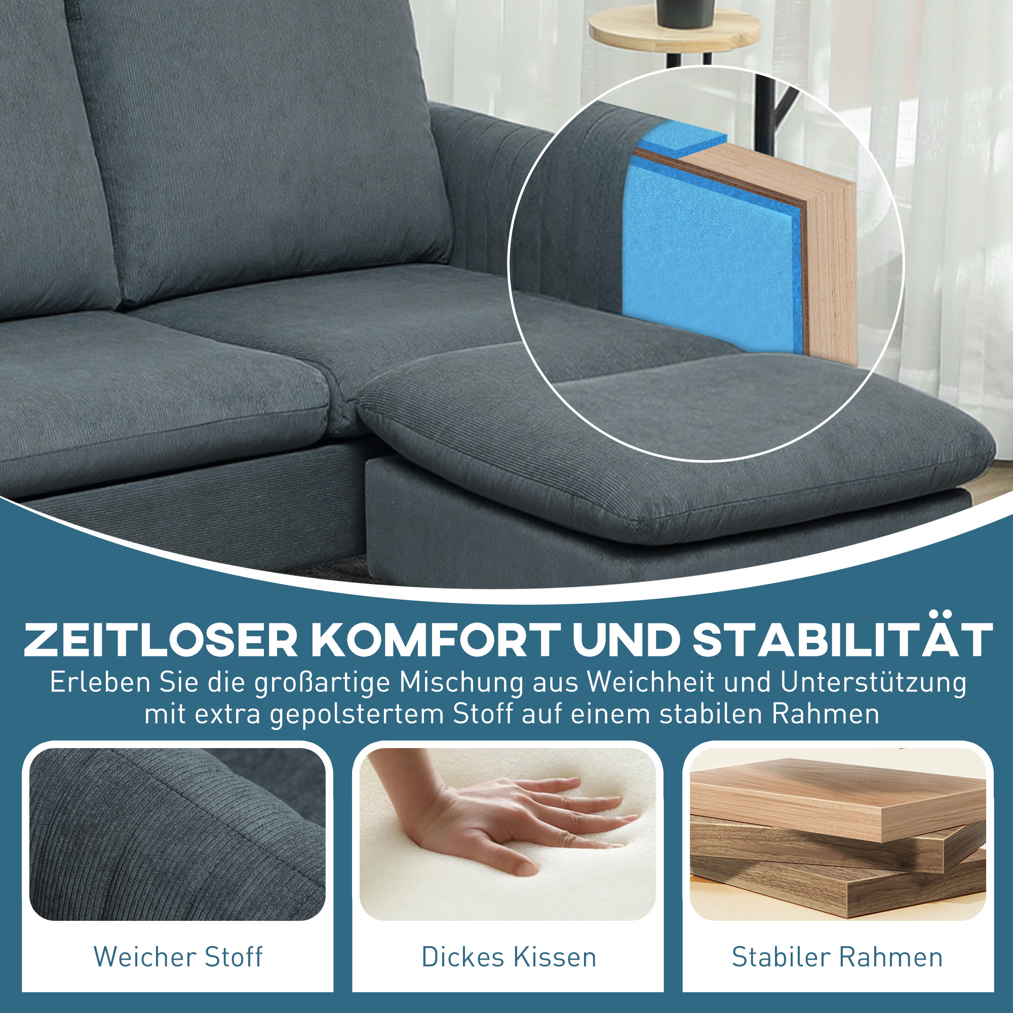 Ecksofa, 3-Sitzer-Sofa mit Fußhocker, Stoffbezug, L-förmiges Couch-Set, Dunkelgrau