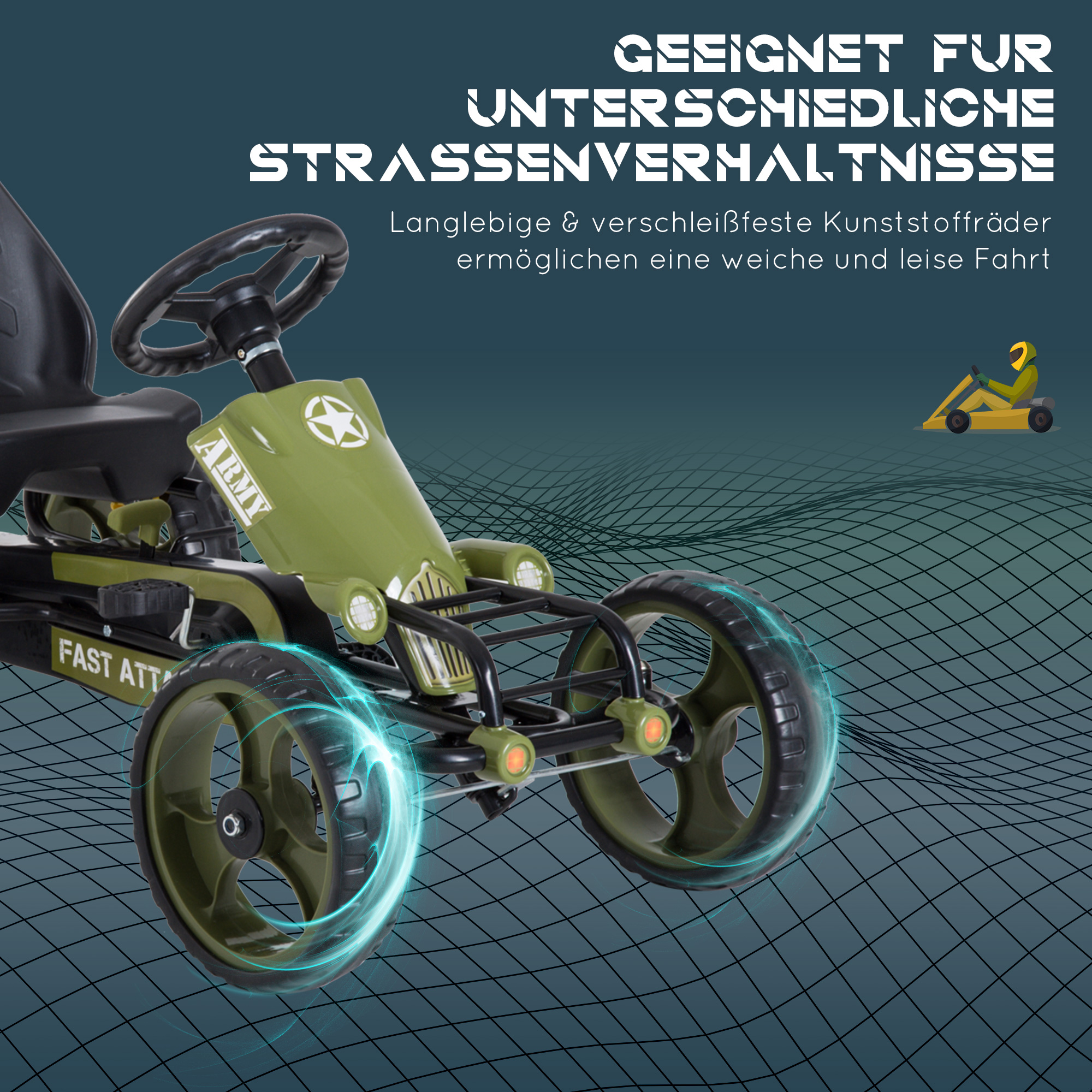 Go Kart Tretauto Tretfahrzeug mit Handbremse Kinderfahrzeug Kettcar Tretfahrzeug mit Verstellbarem Sitz ab 3 Jahren Grün 105 x 54 x 61cm