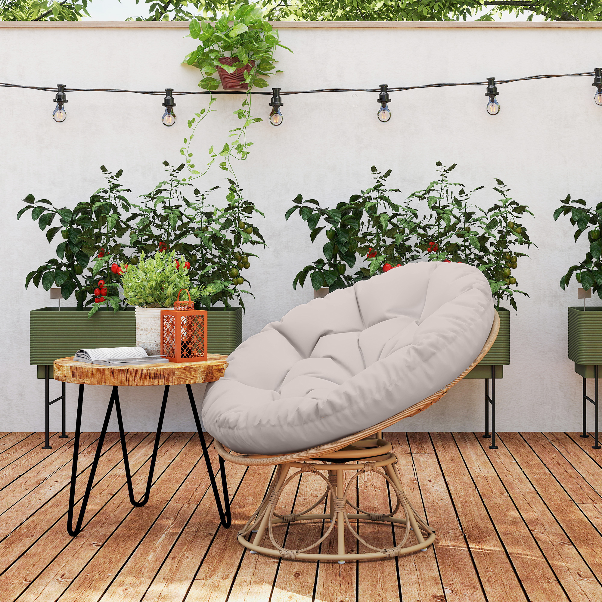 Papasansessel Rattan 360° drehbar Korbsessel mit Sitzkissen runder Outdoor