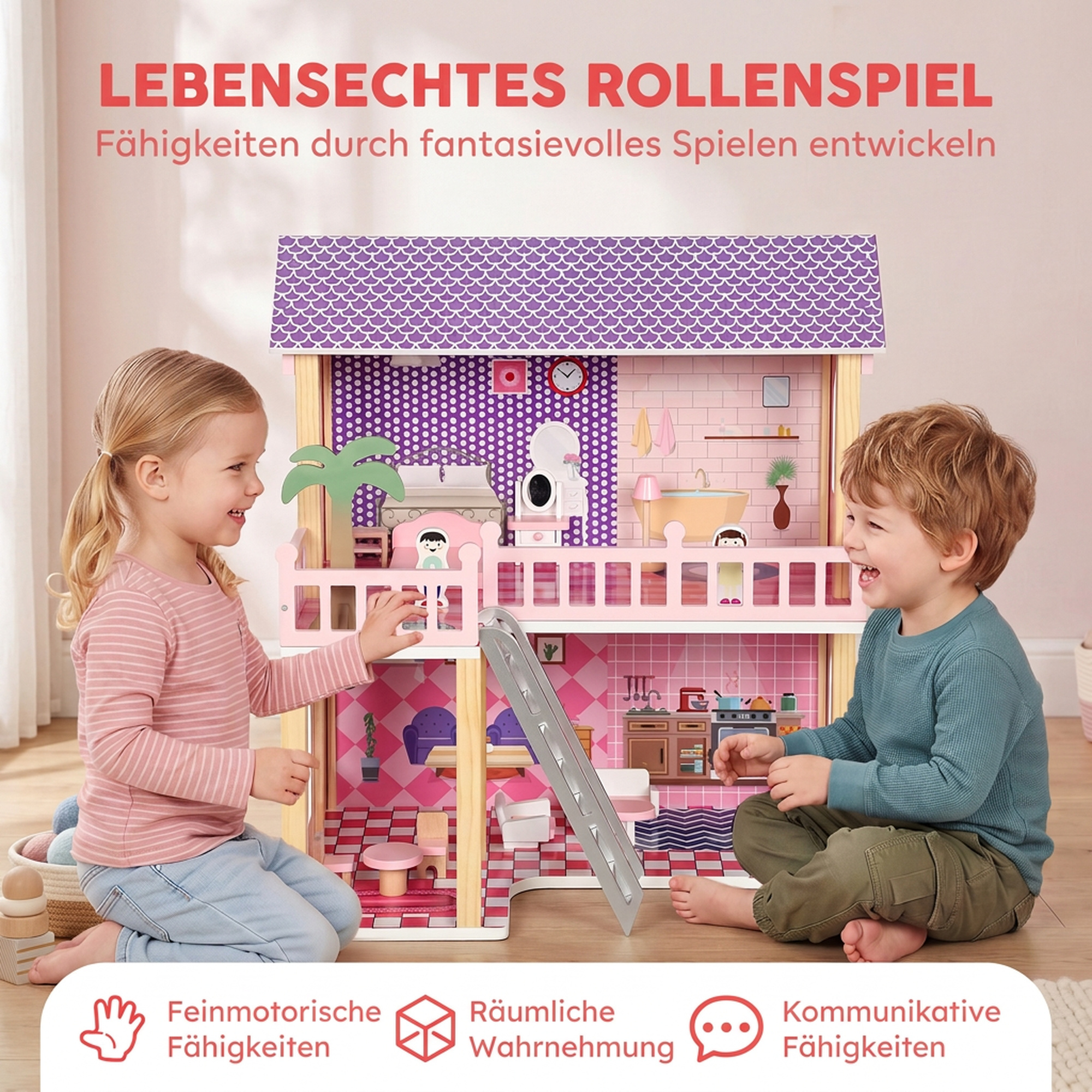 Puppenhaus 69 cm Hoch 2-stöckig mit 2 Puppen 11 Möbeln Leiter Balkon Groß für Mädchen von 3-6 Jahren Rosa