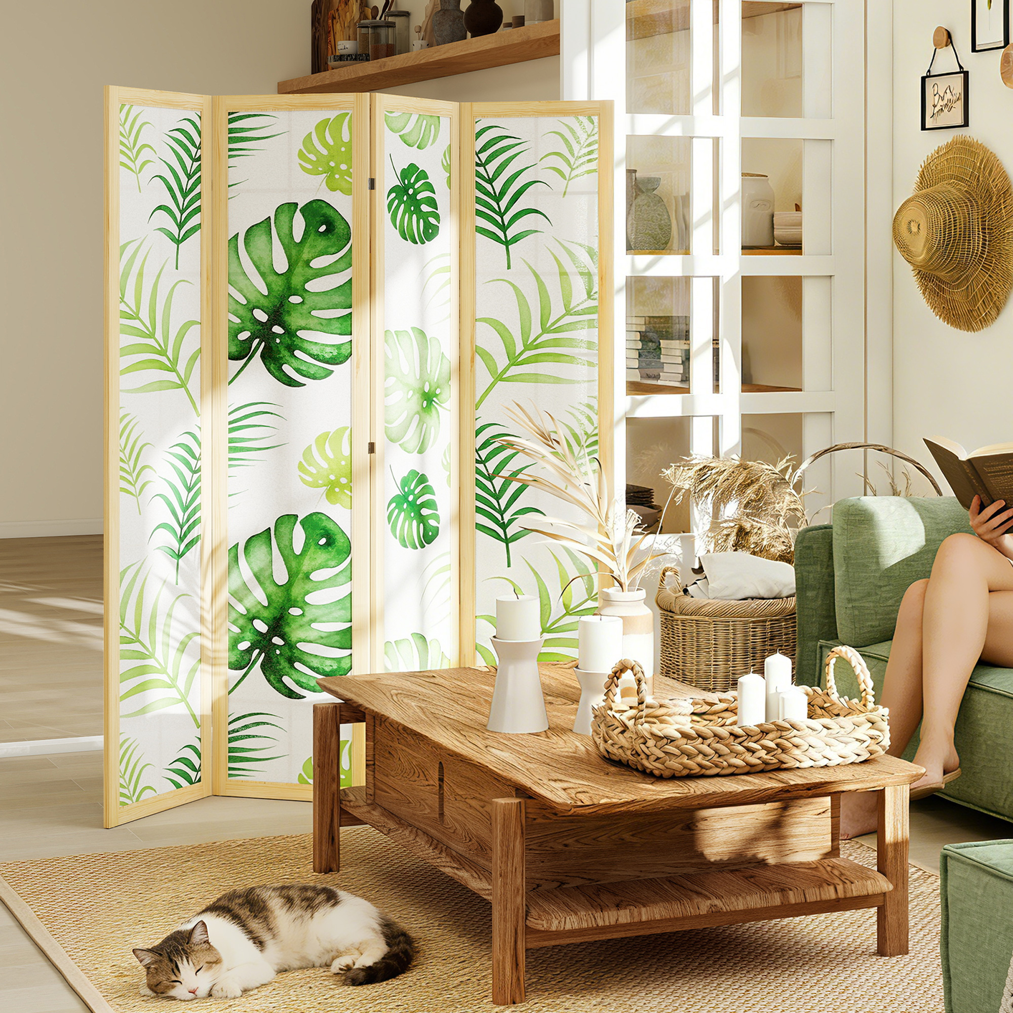 4-teiliger Raumtrenner, faltbar, Boho-Design, tropisches Motiv, freistehender Raumteiler, Holzrahmen, Grün