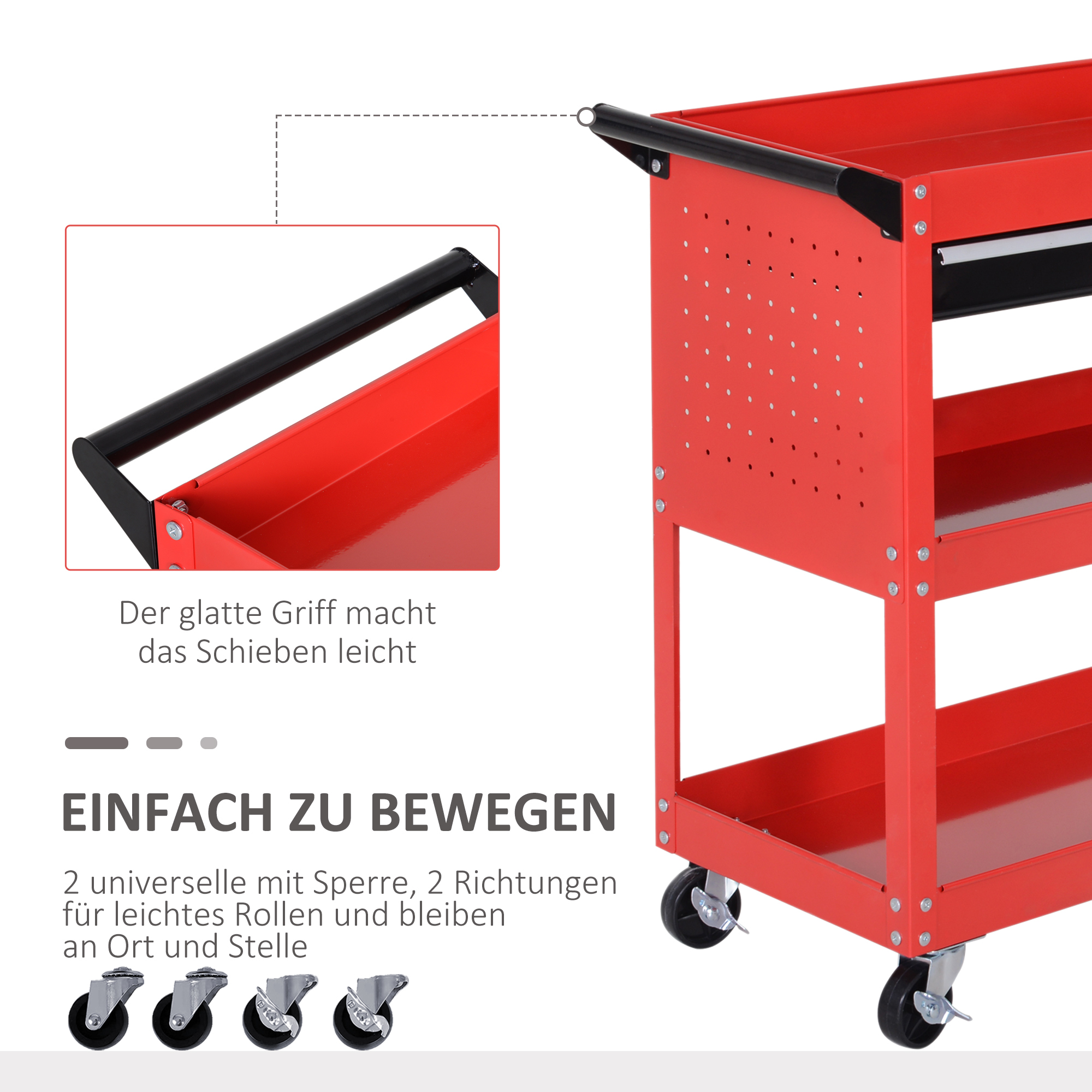 Werkzeugkoffer Werkzeugtrolley Werkzeugbox, 3 Ebenen, 4 Rollen, 82 cm x 35 cm x 76 cm, Rot