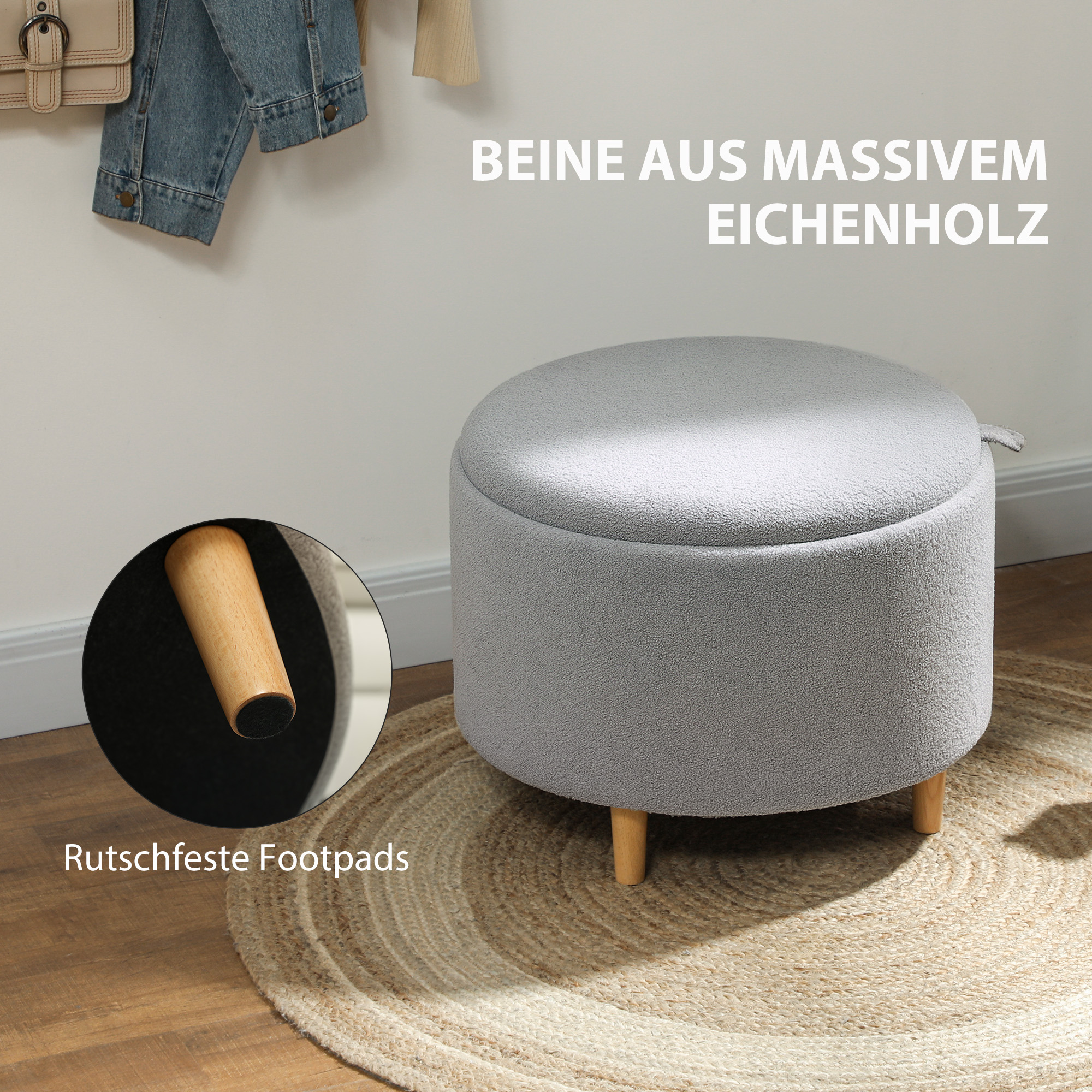 Hocker Polsterhocker, Teddyfleece, versteckter Stauraum, umkehrbarer Deckel, 56 cm x 56 cm x 42 cm, Grau