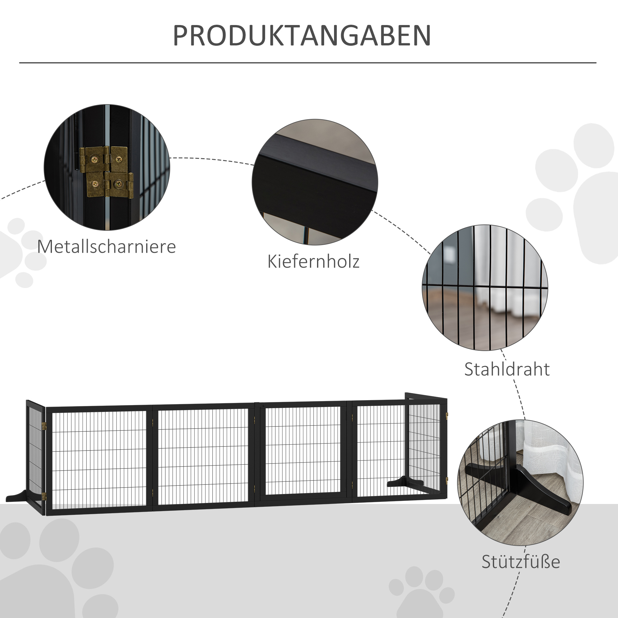 Absperrgitter für Hunde klappbar 432 x 36 x 70cm Kiefernholz Schwarz