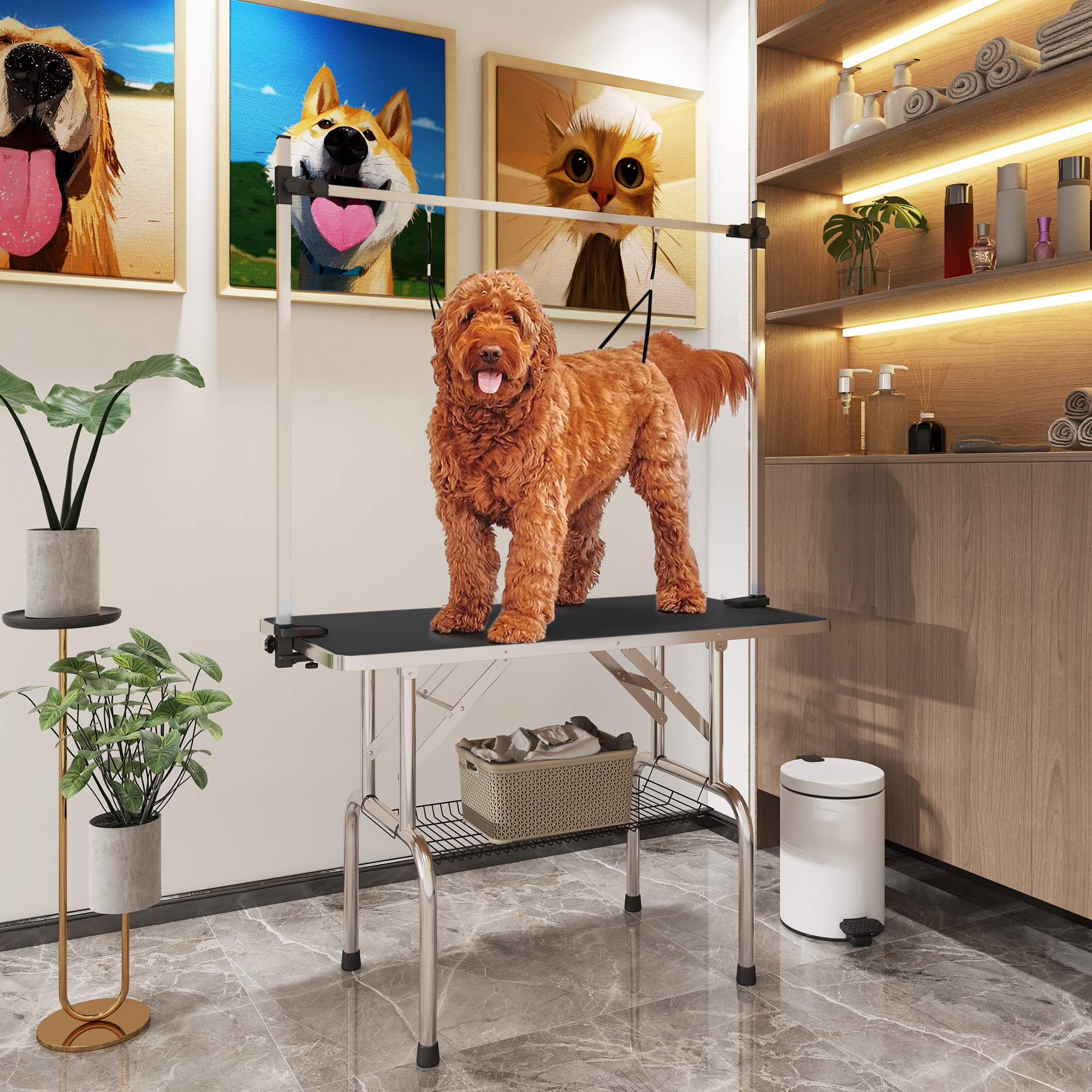 Hundepflegetisch Höhenverstellbar Tierpflegetisch Klappbar Hunde Pflegetisch Hundefriseur Tisch Schertisch Trimmtisch mit Unterkorb für Hunde Katzen bis zu 100 kg Schwarz