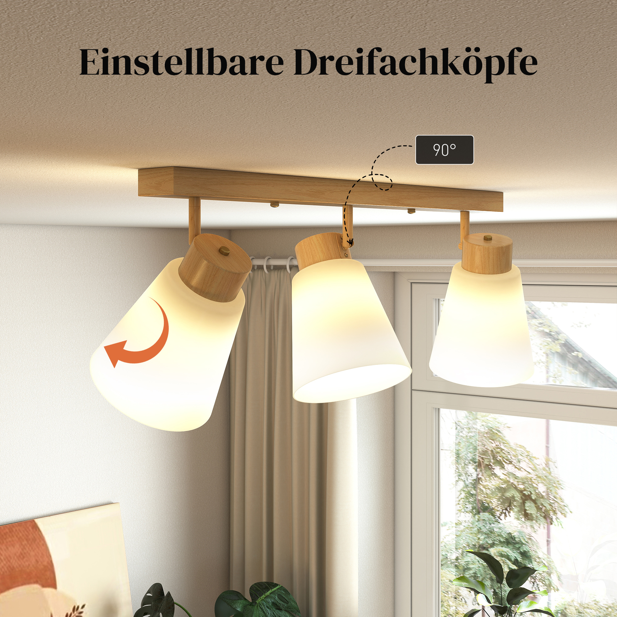 Deckenleuchte LED 40W Deckenlampe mit Doppelmontage und 90° verstellbaren Köpfen mit 3 E27-Fassungen Naturholz