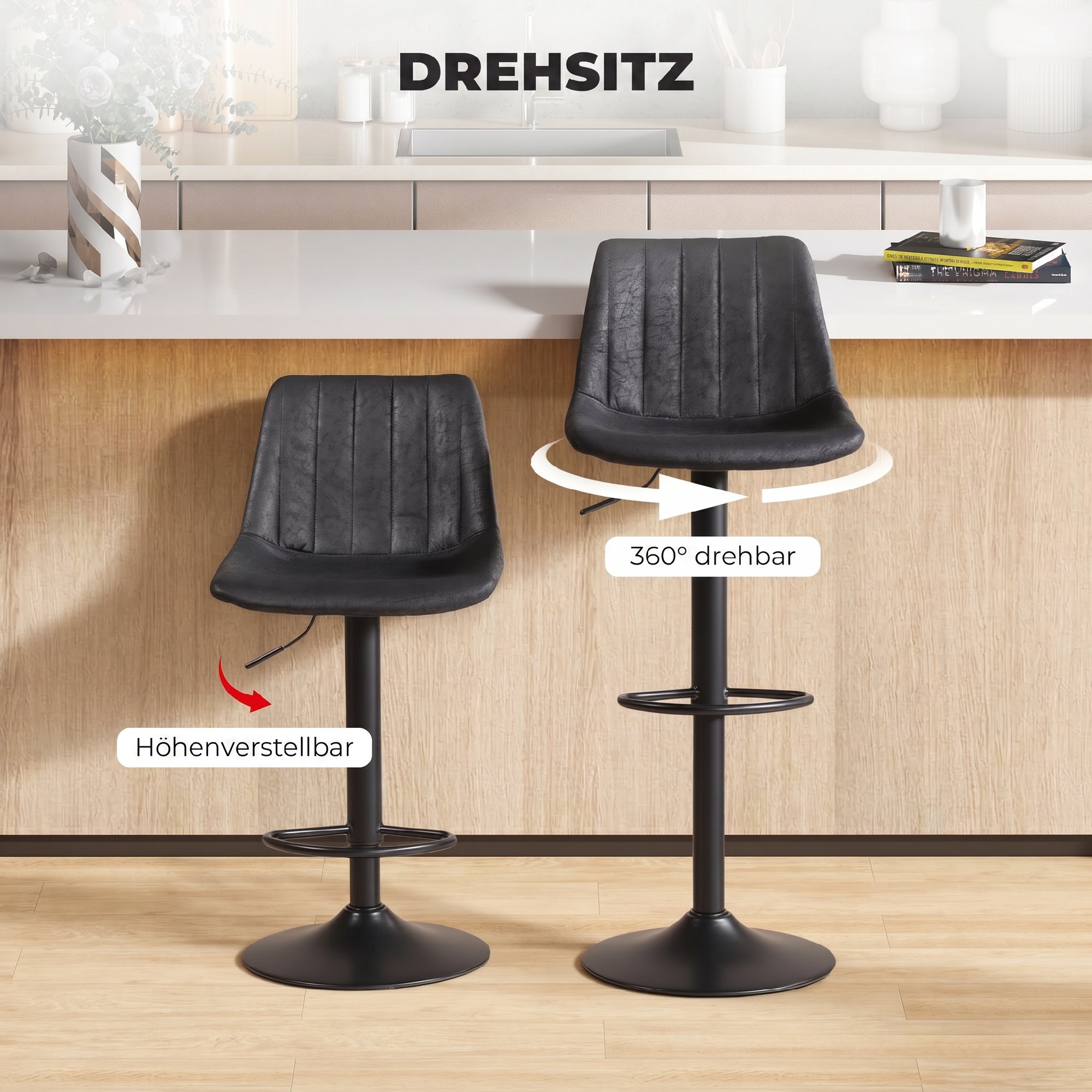2er-Set Barhocker im Retrodesign, inkl. Fußstütze, höhenverstellbar, Gaslift, Schwarz