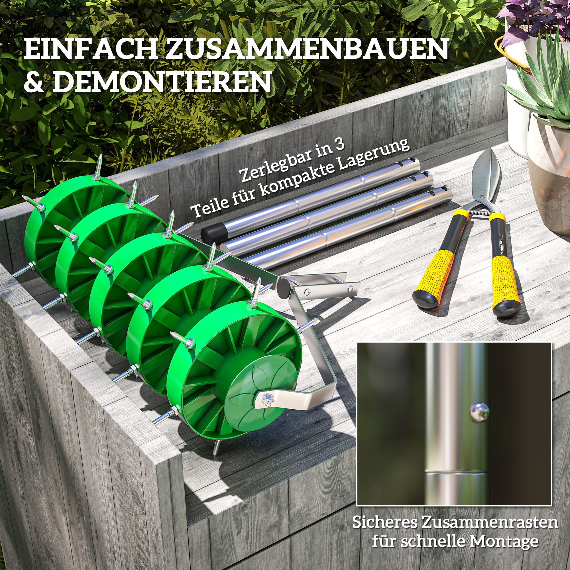 Rasenlüfter Aerifizierer für Rasen 45cm Breite Manuell Rasenbelüfter mit 30 Eisenspikes Stahl Dunkelgrün