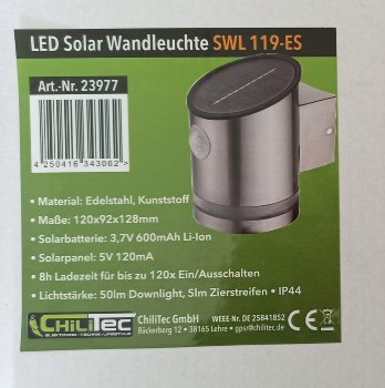 LED Solar Wandleuchte "SWL 119-ES", PIR Bewegungsmelder, IP44, Edelstahl