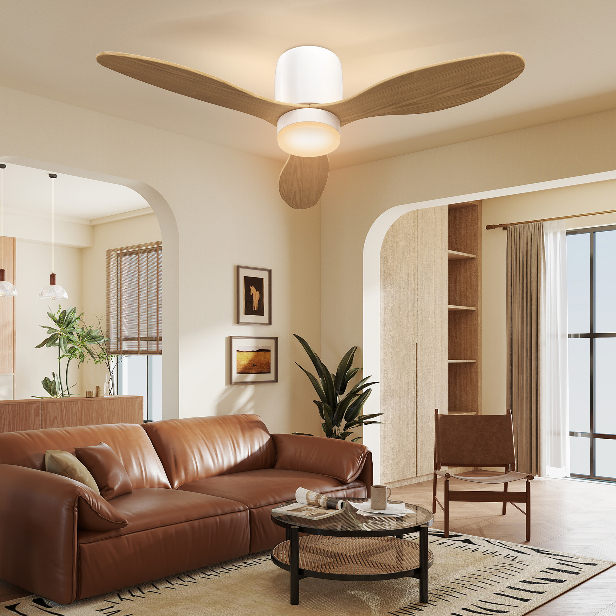 Deckenventilator mit einstellbarem Licht und Fernbedienung 115 cm, 3 Farben, 3 Flügel, 6 Geschwindigkeiten, Timer, Natur