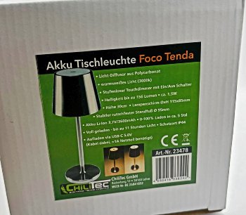 LED Akku-Tischleuchte "Foco Tenda" / 2900K, IP44, Touchschalter, 30cm