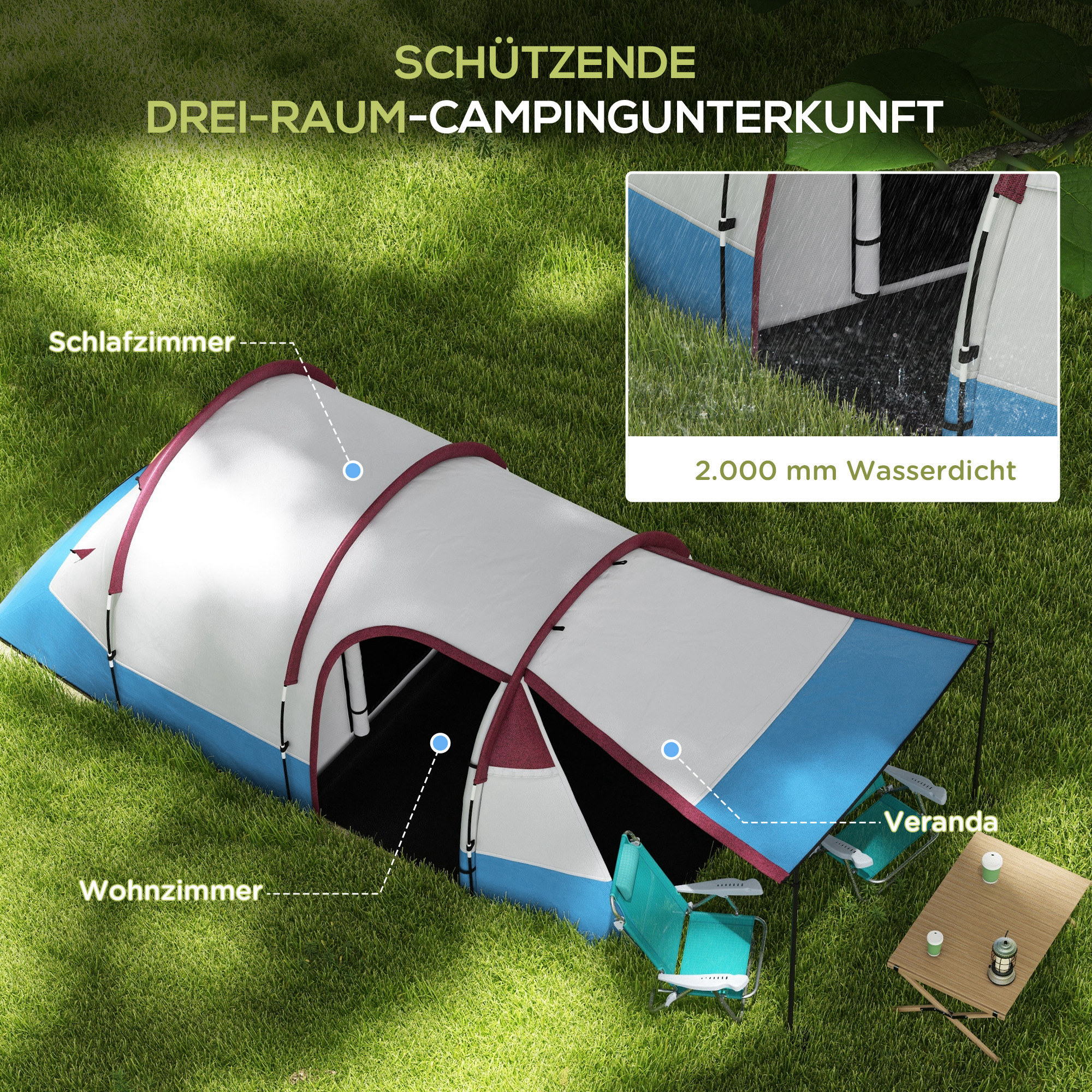 Campingzelt, für 3 Personen, Laternenhaken, drei Eingänge, wasserdicht, Rot