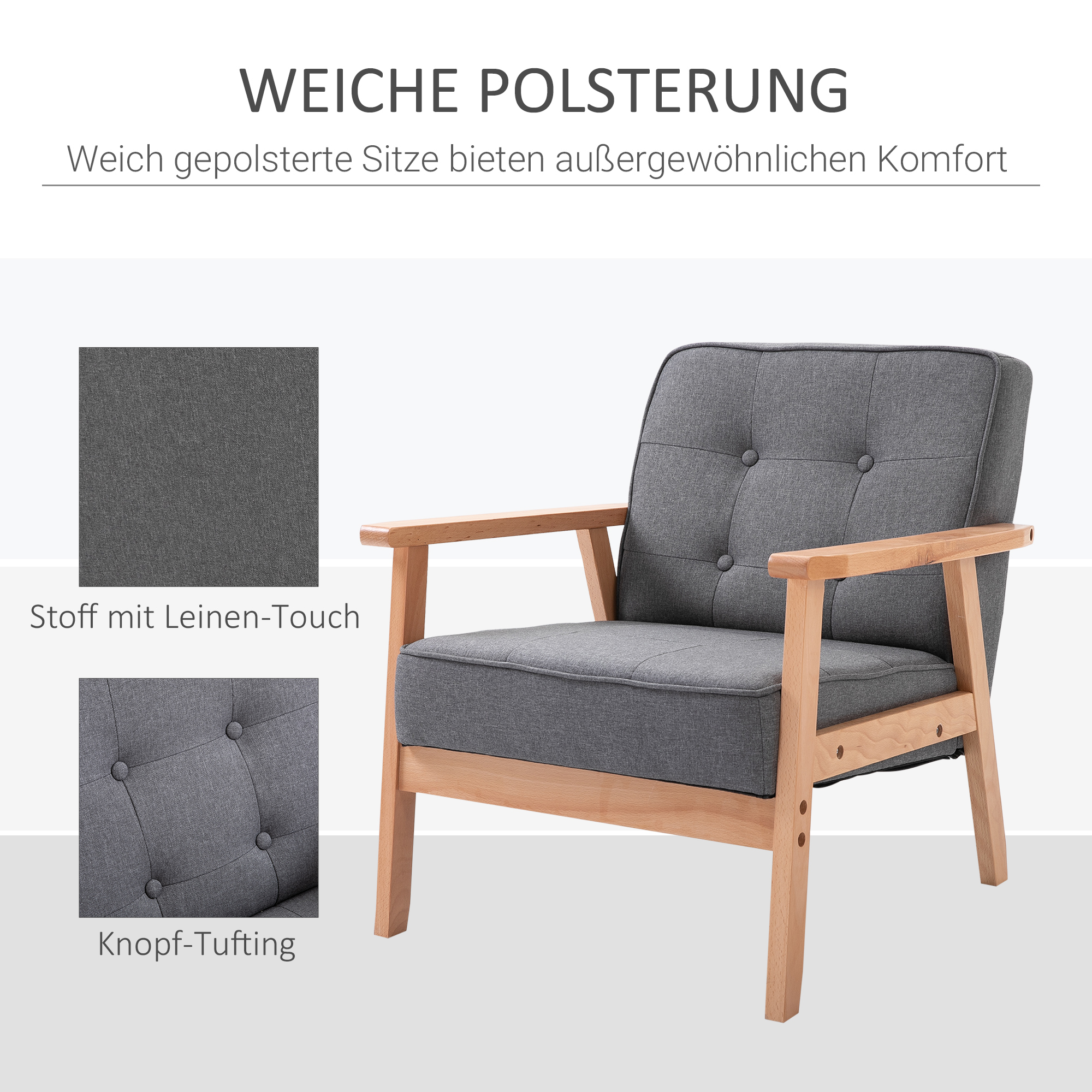 Einzelsofa Loungesessel Polsterstuhl mit Armlehnen Holzrahmen Leinen Grau 64,5 x 70 x 74 cm
