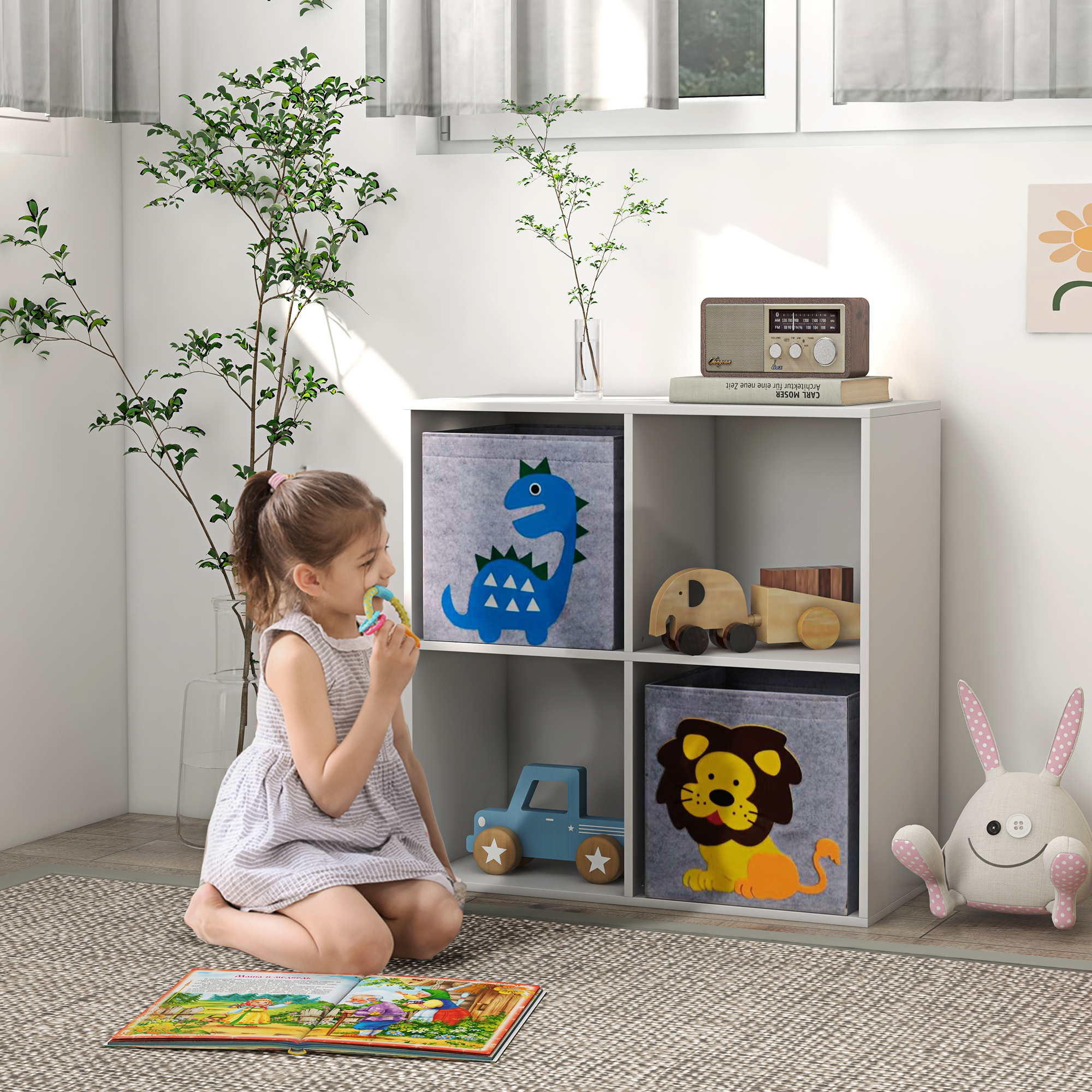Aufbewahrungsregal für Kinder, Würfel, Schubladen, MDF, Kippschutz, Weiß