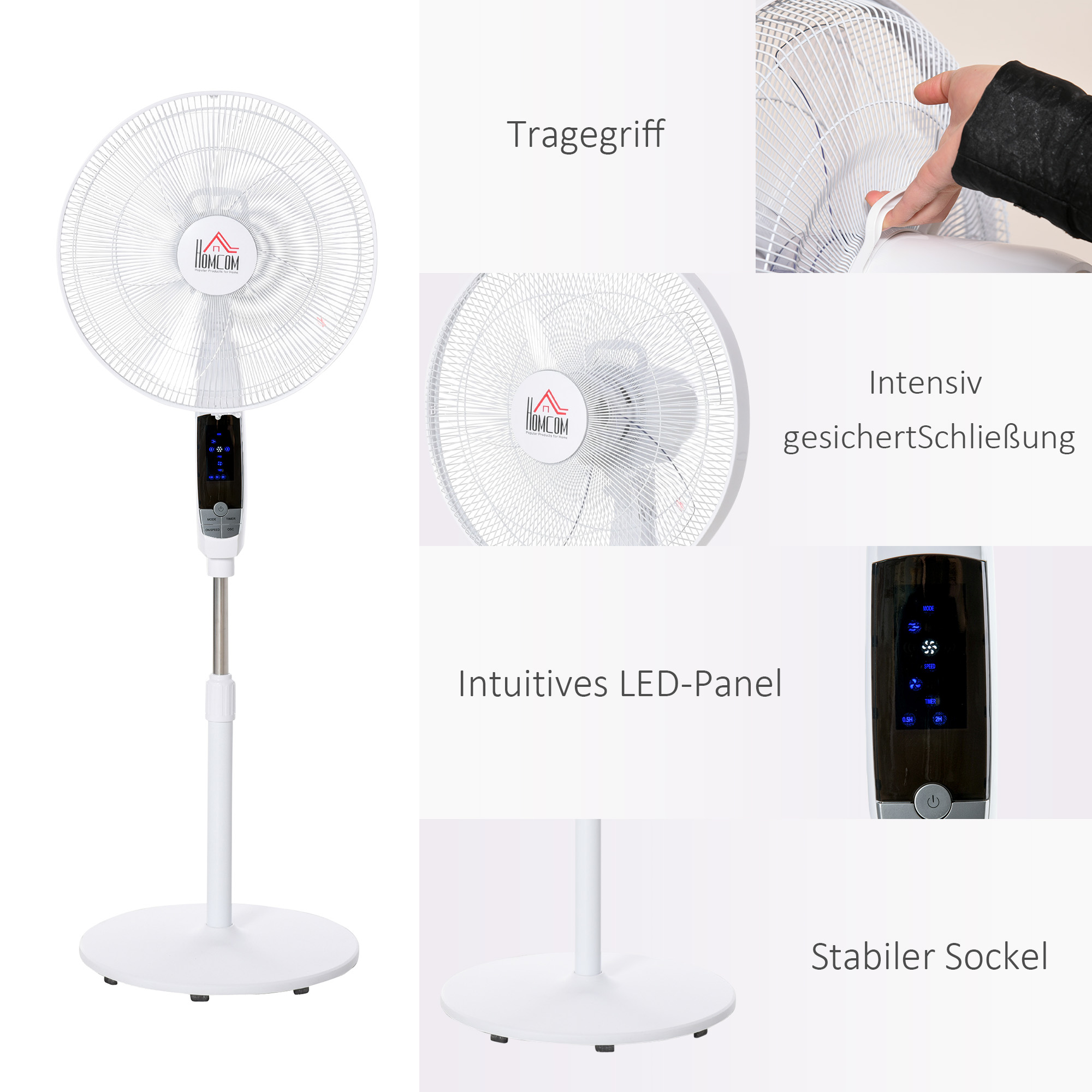 Standventilator, 3 Geschwindigkeiten, 3 Modi, Timer, Fernbedienung, 45 x 42 x 118-138 cm, Weiß