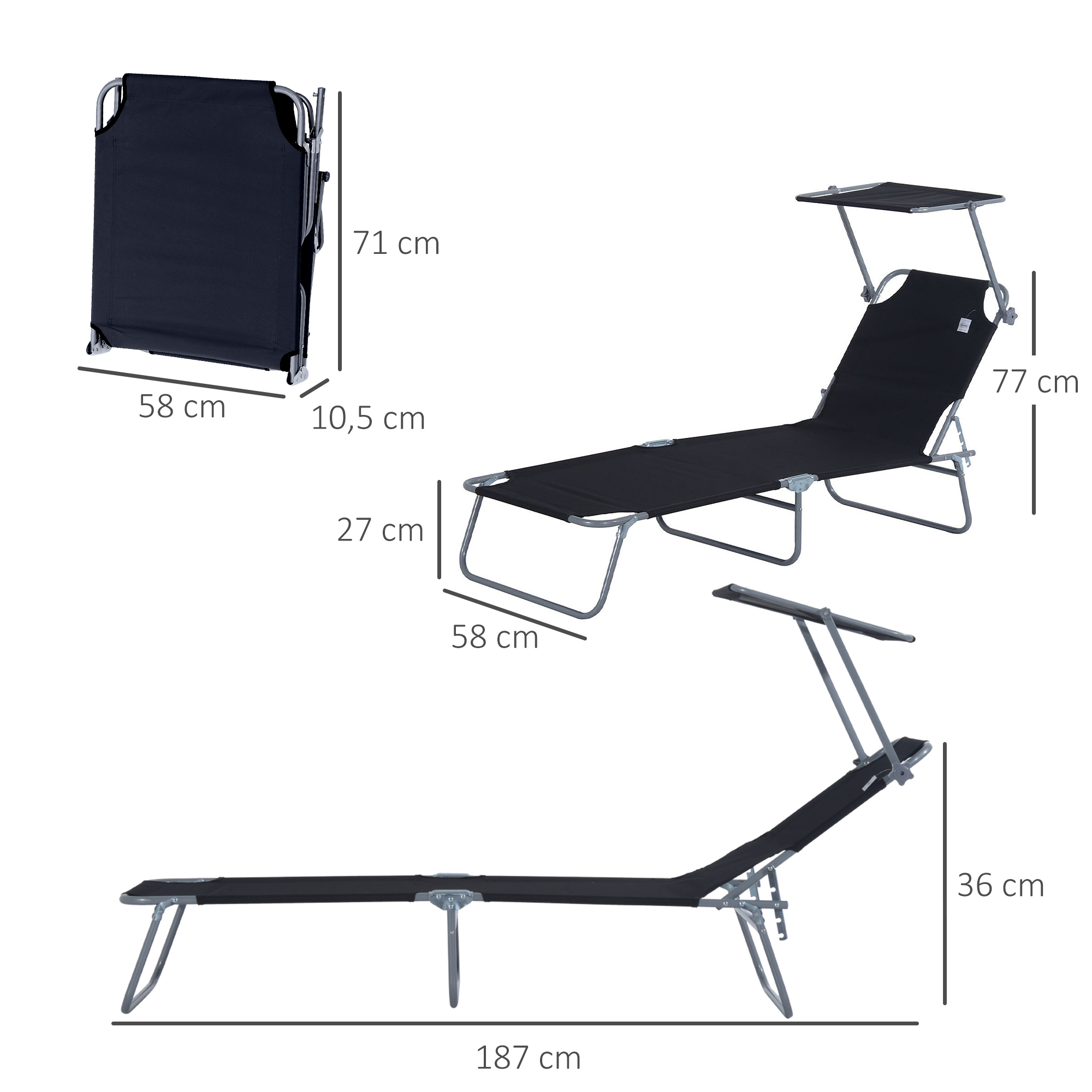 Sonnenliege klappbar Gartenliege mit Sonnenschutz Liegestuhl mit 4-Fach verstellbare Rückenlehne Campingliege bis 120kg belastbar für Garten, Balkon und Pool geeignet, 6 Farben(Schwarz )