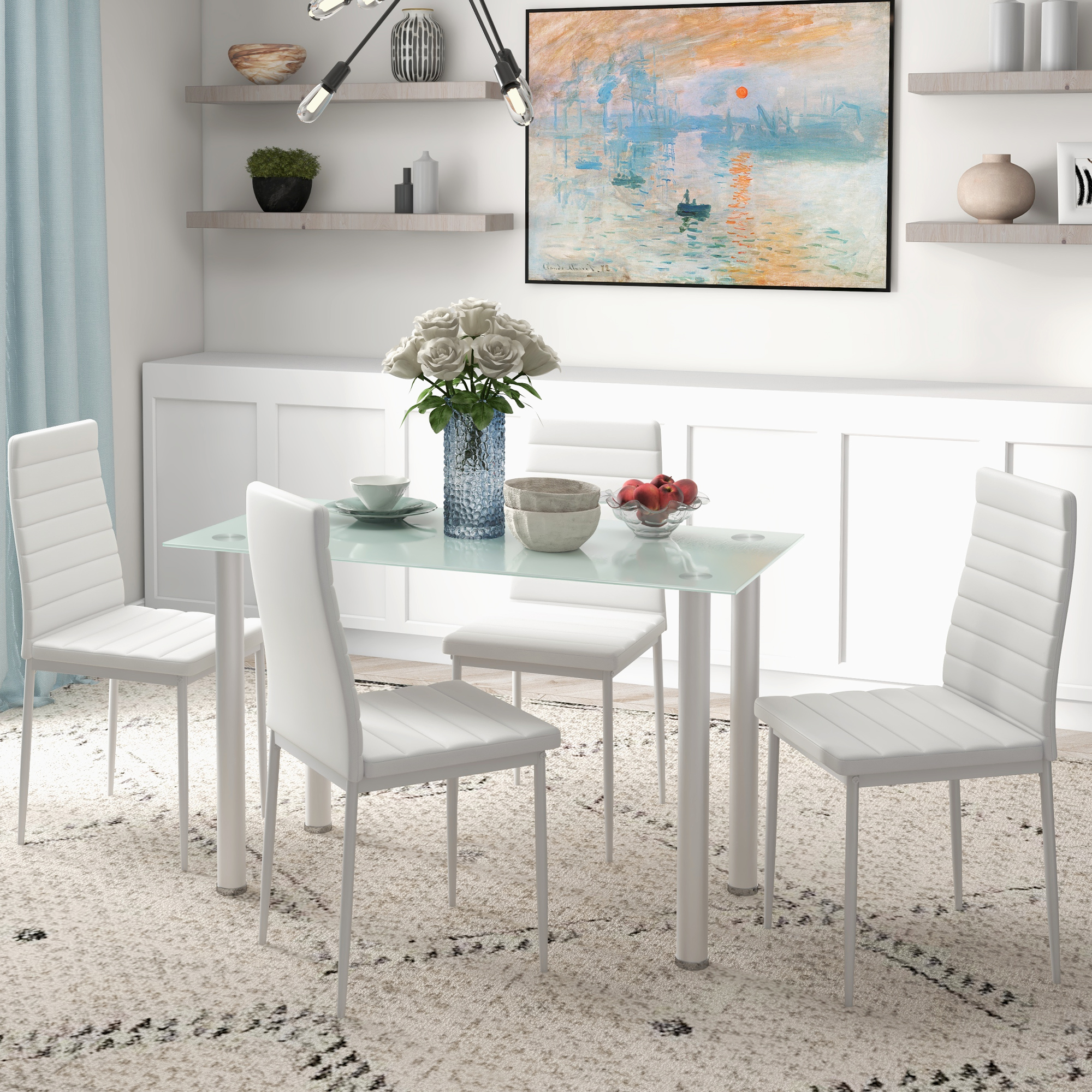 5-tlg, Essgruppe Sitzgruppe Esstisch mit 4 Stühlen, modernes Design, Glastisch, Weiß