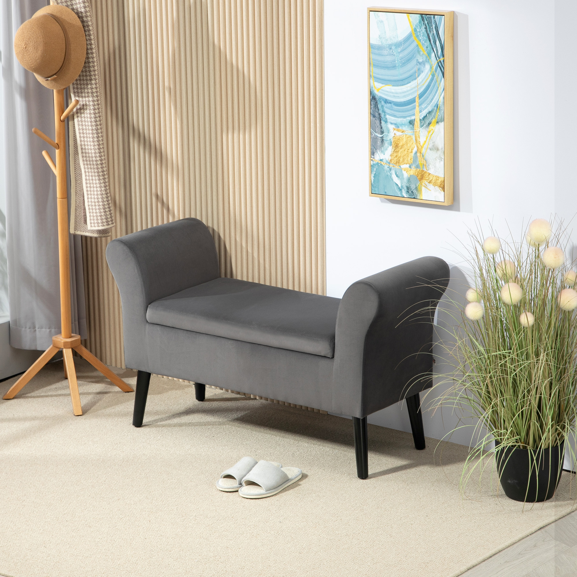Polsterbank mit Stauraum, Truhenbank mit Armlehnen, 46 cm Sitzhöhe, samtartiges Polyester, 111,5 x 41 x 65 cm, Dunkelgrau
